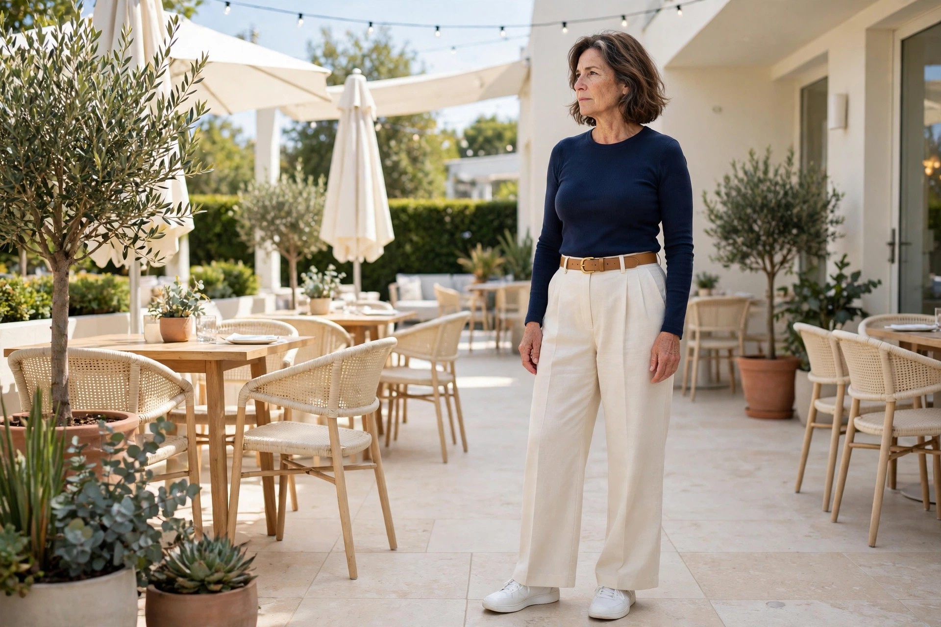 Woman wearing a navy fitted top, cream wide leg trousers, a tan belt and white sneakers on a lunch patio