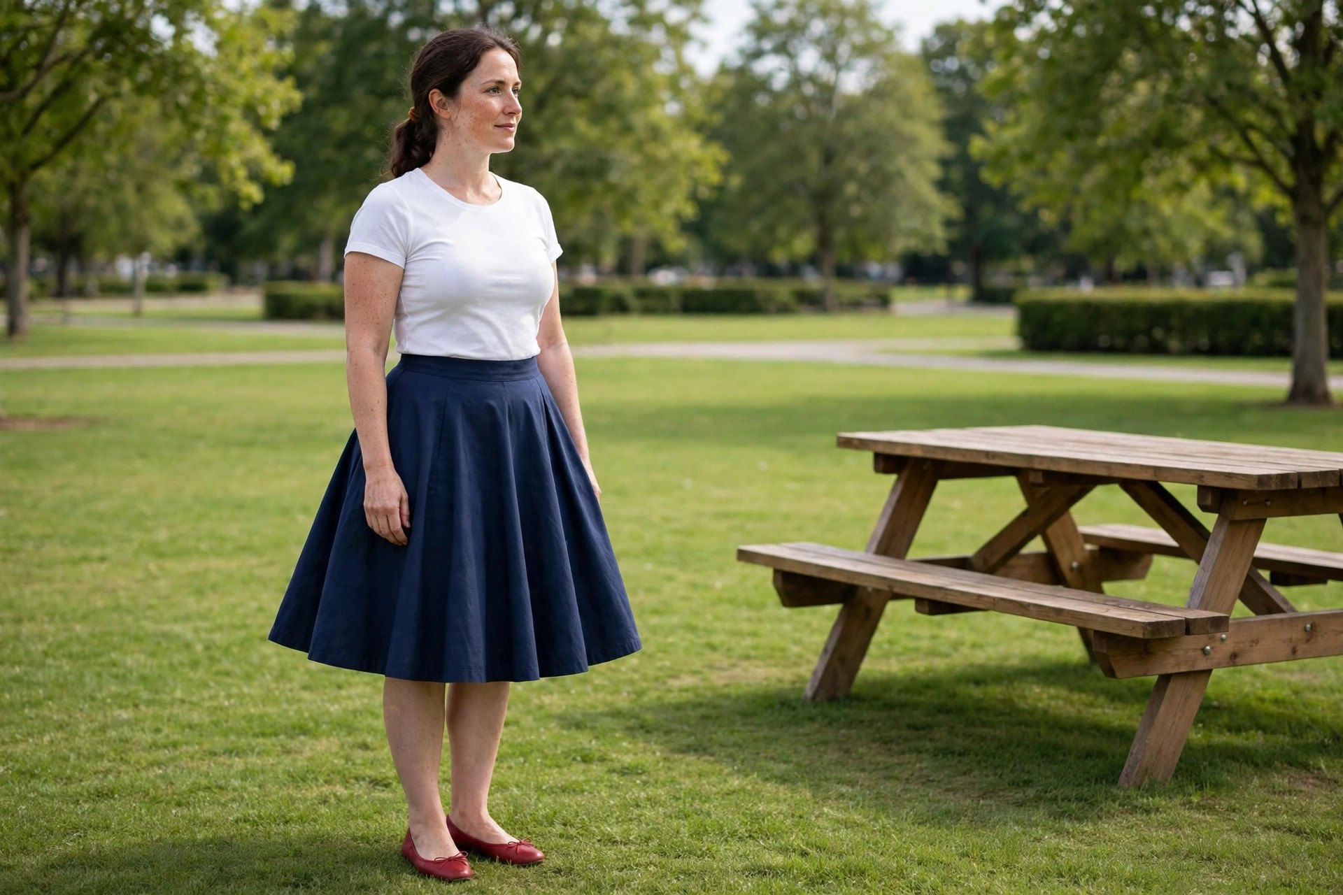 Woman wearing a white fitted tee, a navy circle skirt and red ballet flats at a park picnic