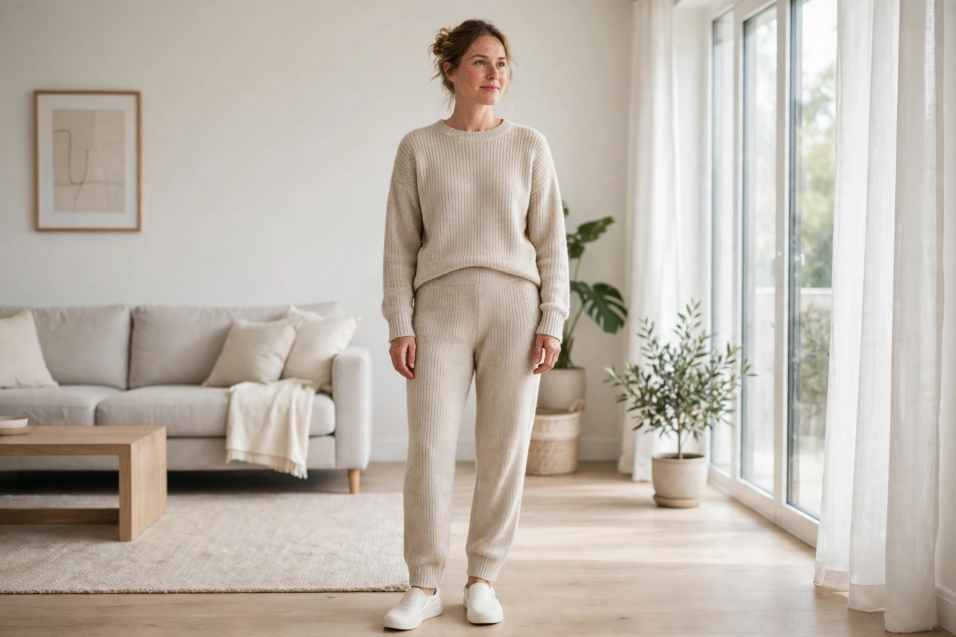 Woman wearing a matching oatmeal knit co-ord set with slip on white sneakers in a tidy living room doorway