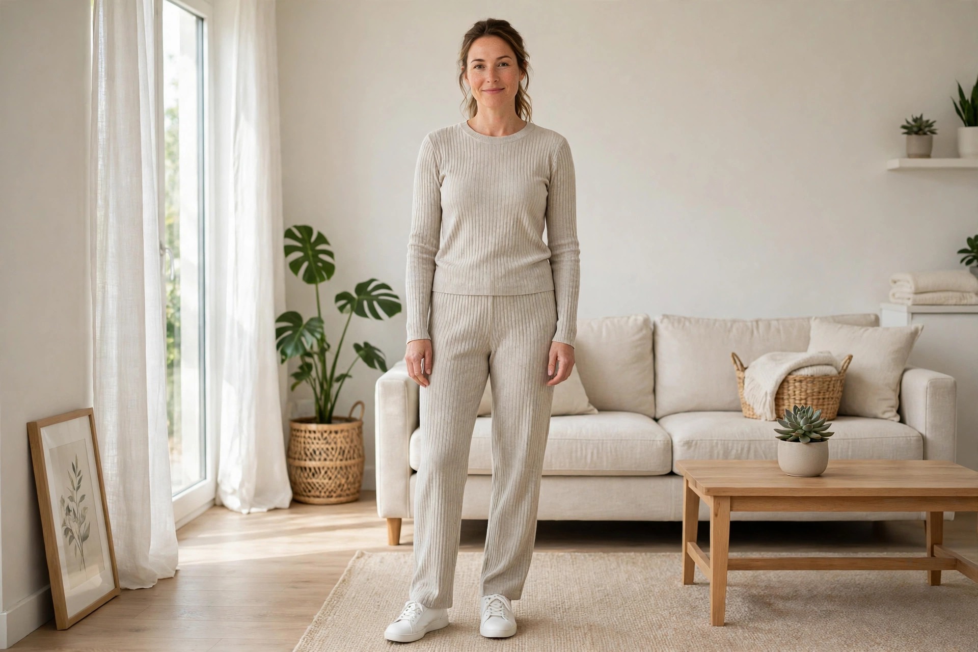 Woman wearing a matching oatmeal ribbed knit top and pants set with white sneakers in a tidy living room