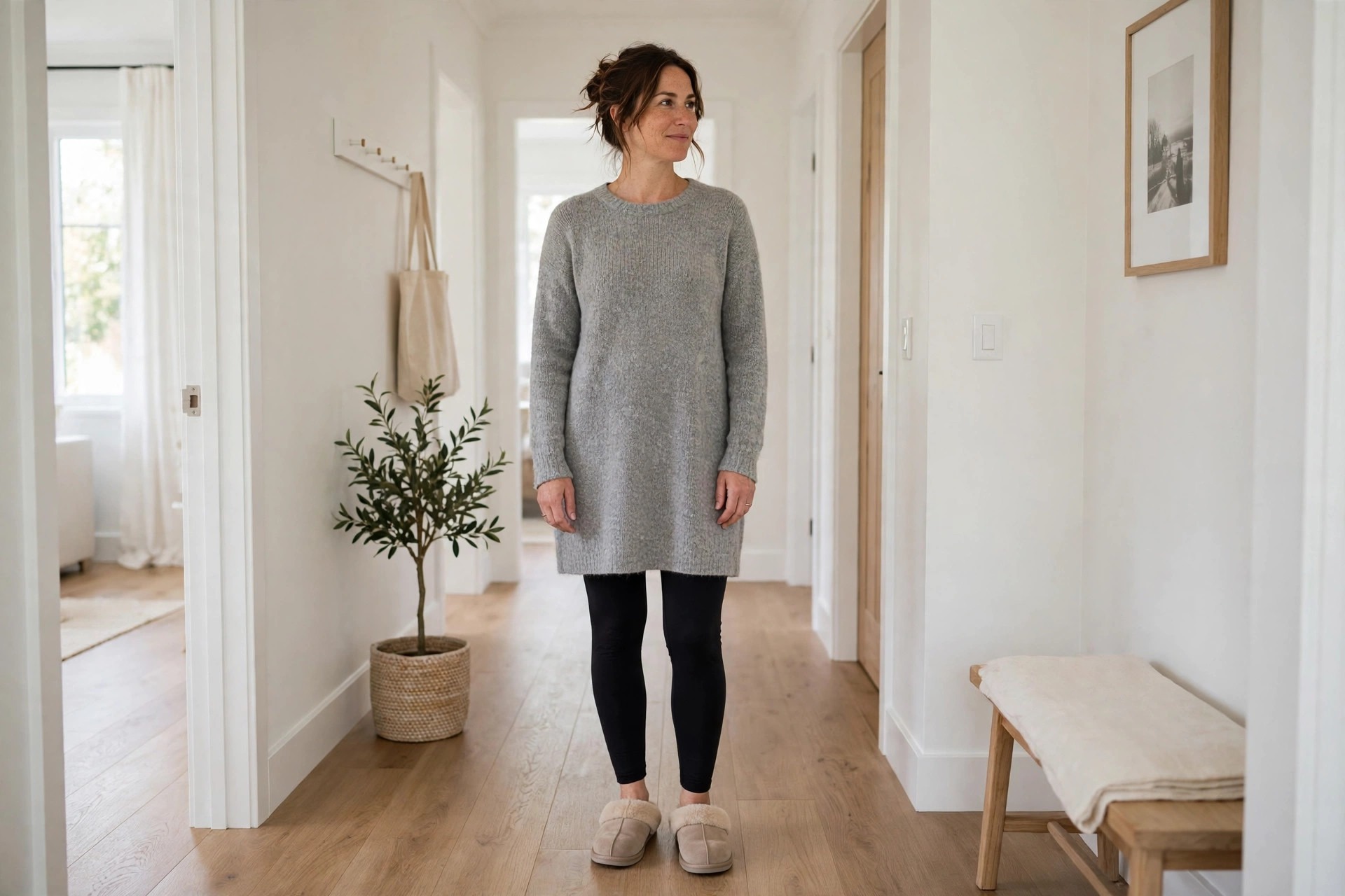 Woman wearing black leggings, a long gray tunic sweater and soft house slippers in a tidy hallway