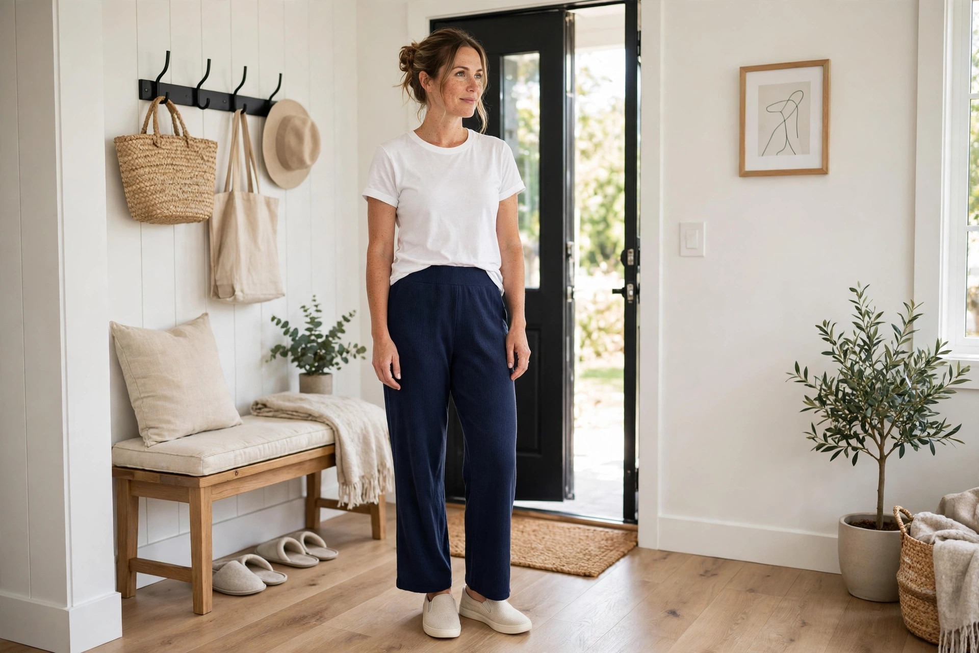 Woman wearing navy wide leg soft pants, a tucked white tee and slip on sneakers in a tidy entryway