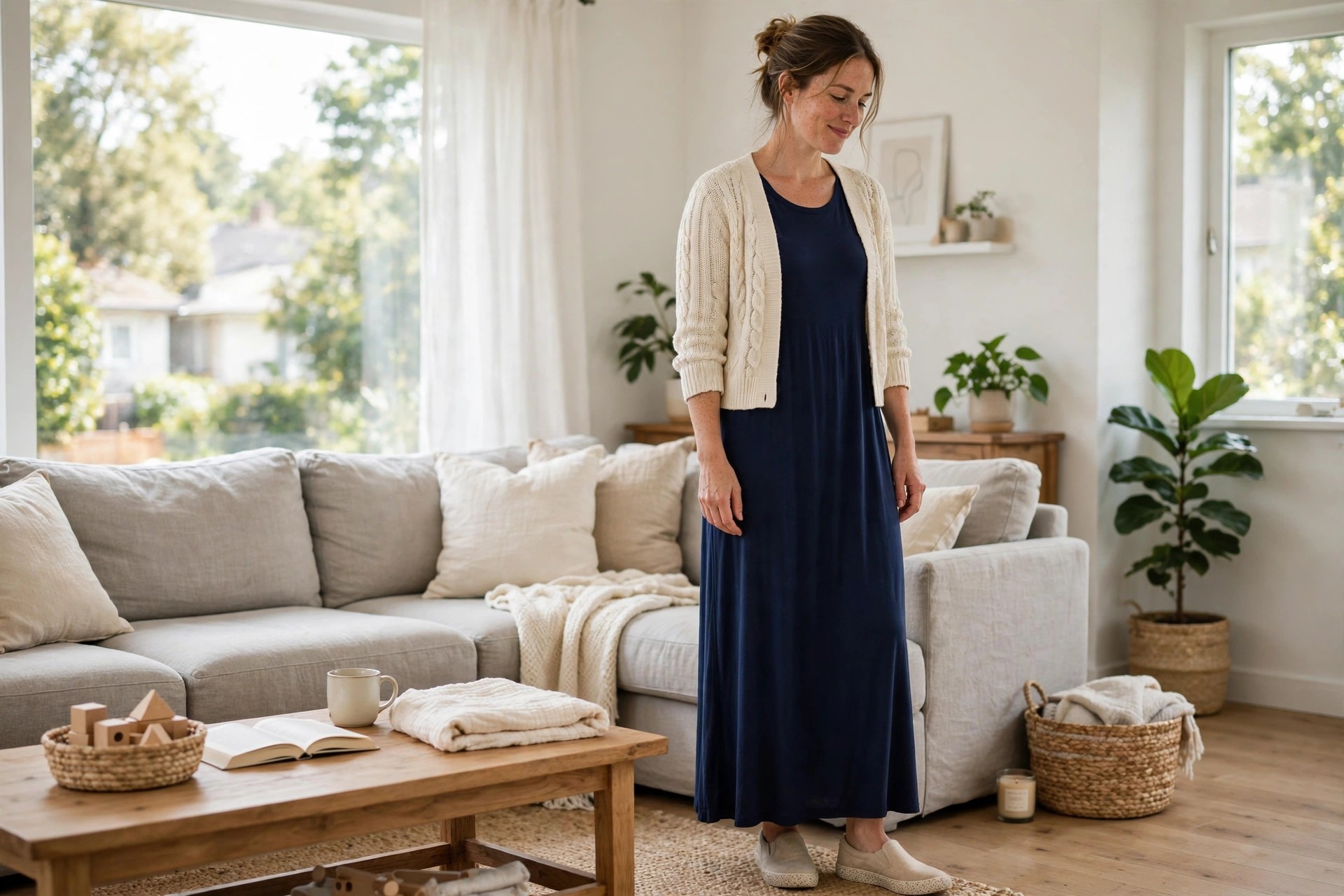 Woman wearing a navy jersey maxi dress with a short cream cardigan in a tidy living room