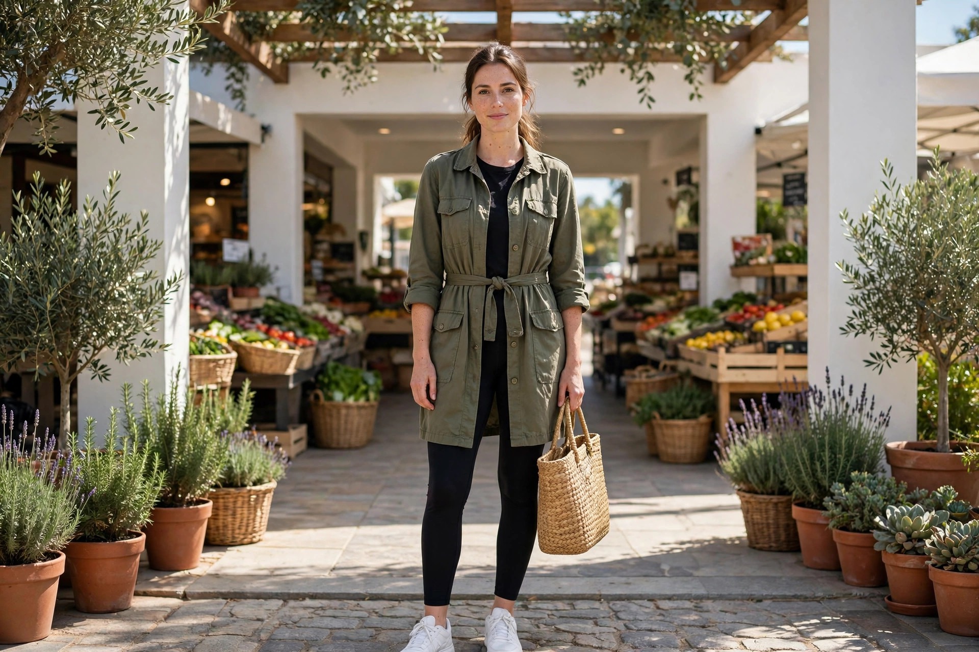 Woman wearing subtle gray plaid leggings, a black turtleneck and black ankle boots in town