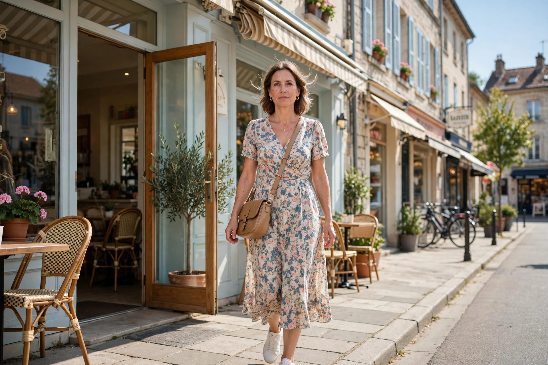 Woman wearing a cream floral midi dress with white sneakers and a tan crossbody bag in a sunny town square