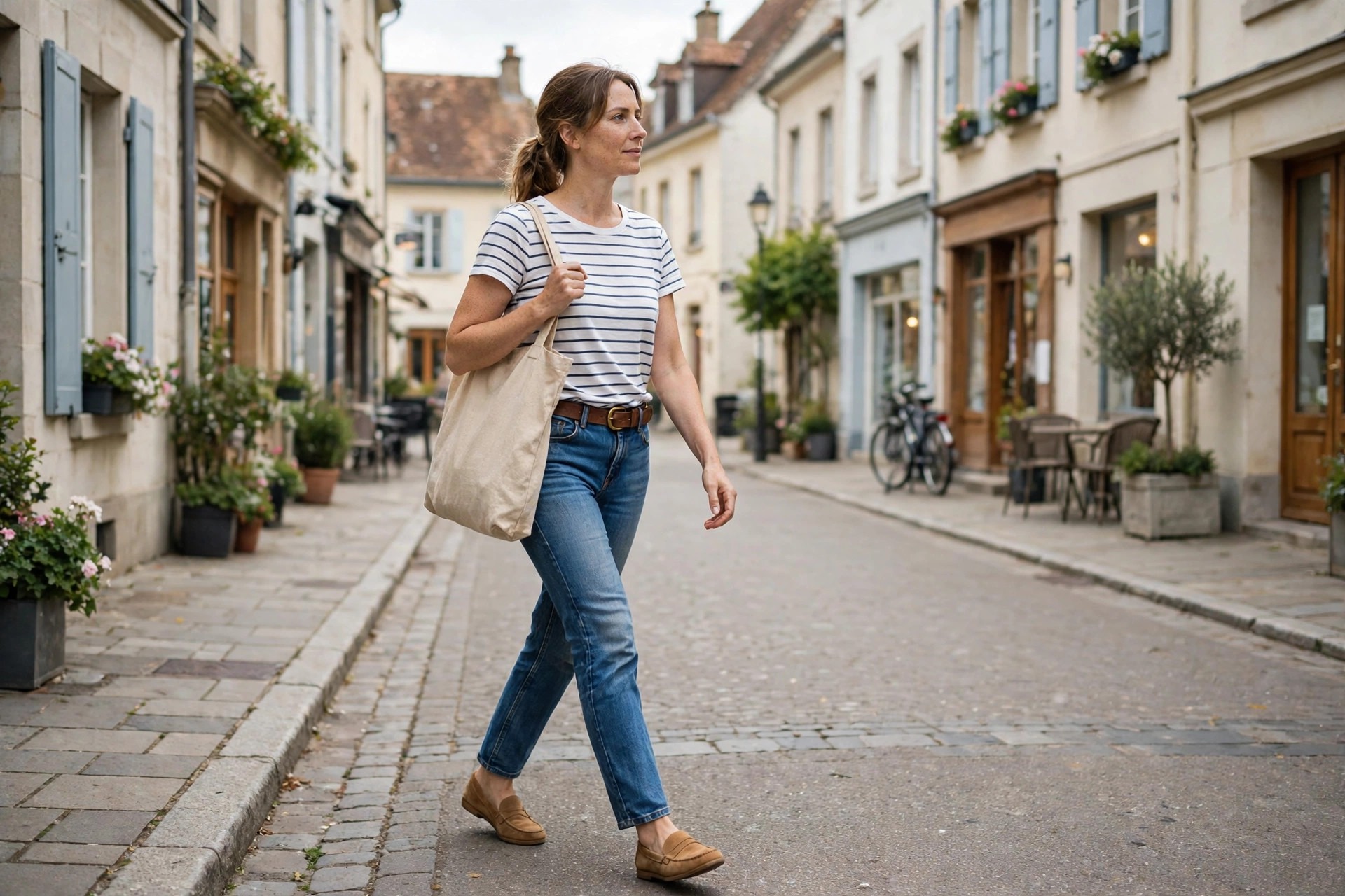 Woman wearing medium wash straight jeans with a navy and white striped tee and tan loafers at an outdoor cafe
