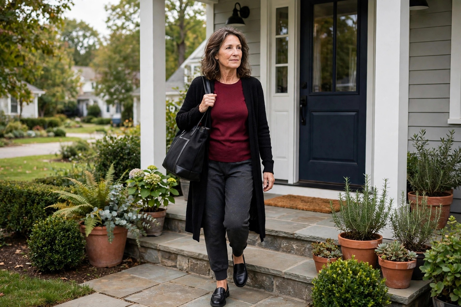Woman wearing charcoal ponte joggers with a cream fine knit top and a long beige cardigan on a bakery street