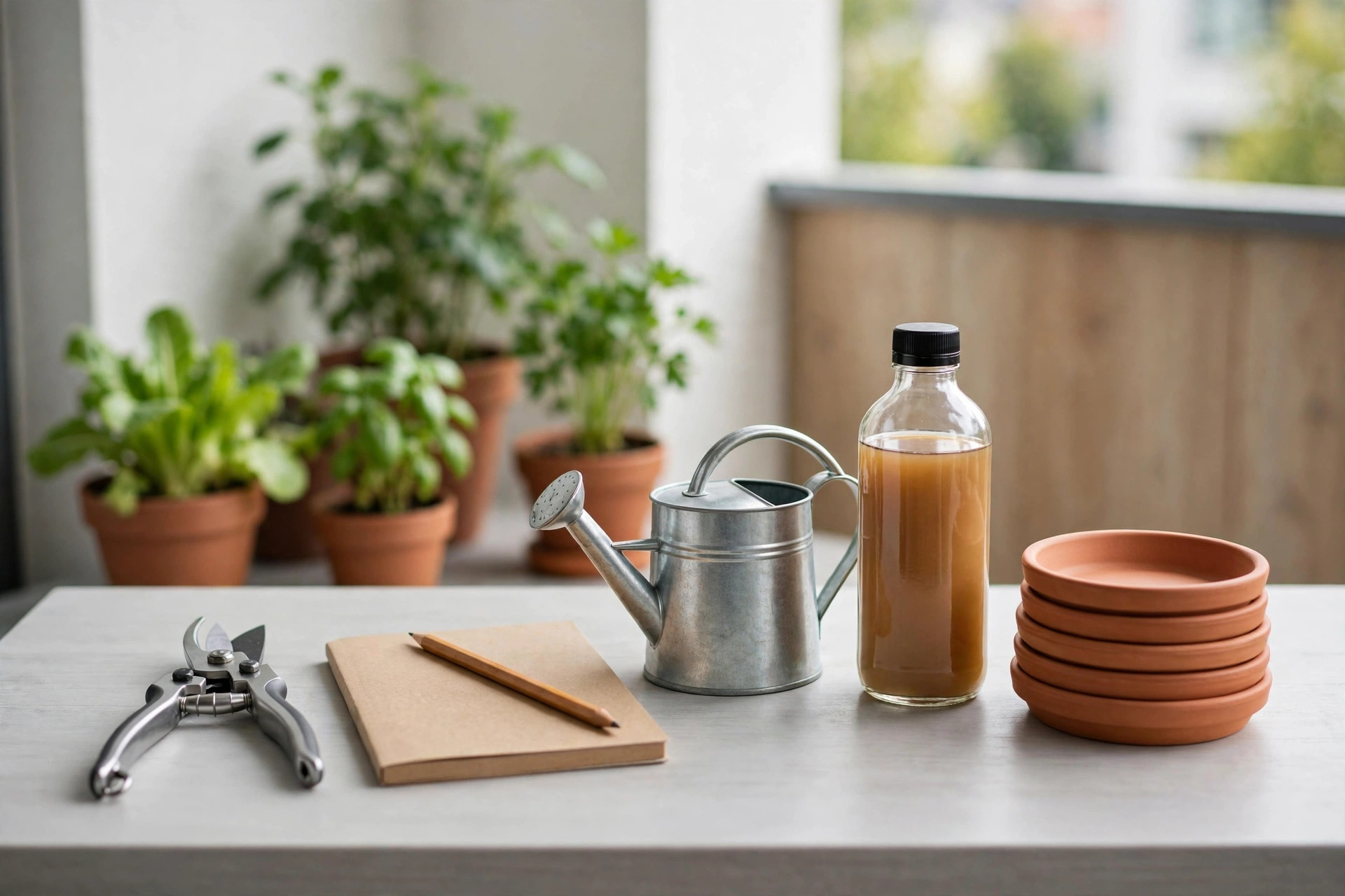 A garden check kit on a balcony table: metal snips, a plain notebook with a pencil, a metal watering can, a plain bottle of liquid feed and a stack of terracotta saucers, with potted vegetables behind
