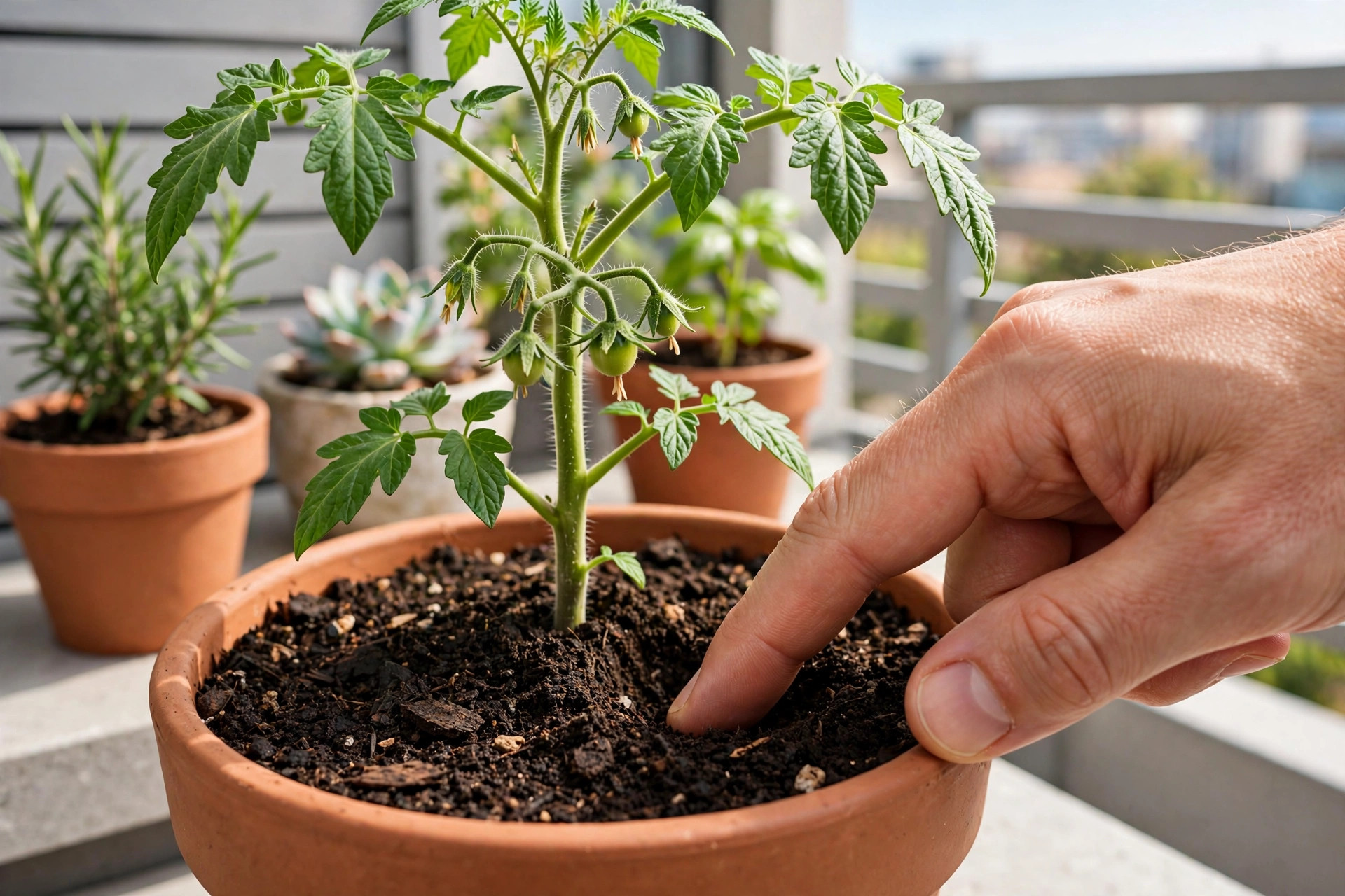 A hand pushing a finger into the potting mix of a young tomato plant in a terracotta pot to check soil moisture, with other pots behind on a balcony