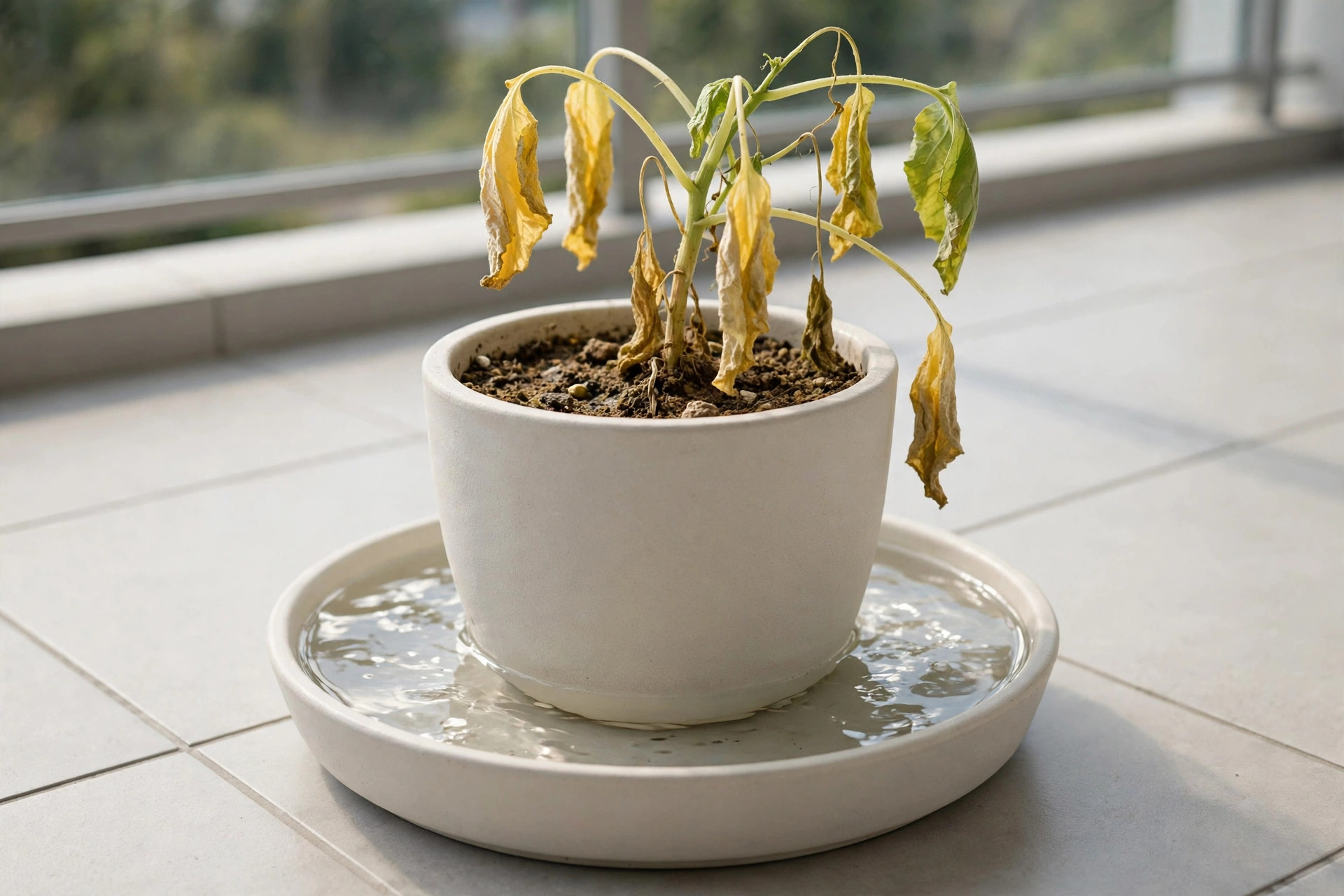 A wilted plant with yellowing leaves in a plain white pot sitting in a saucer brimming with standing water on clean balcony tiles