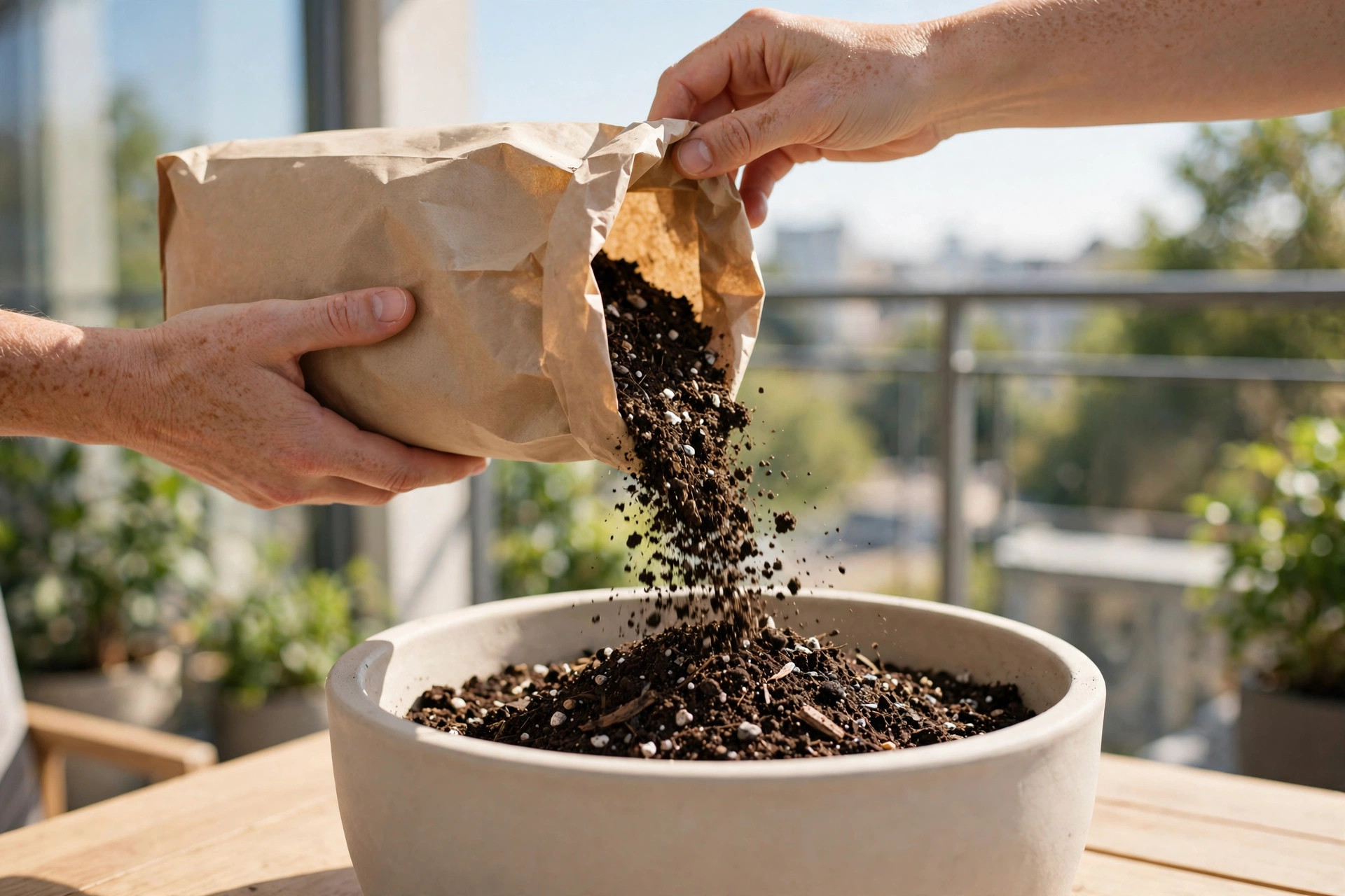 Hands pouring potting mix from a plain paper bag into a large pot on a balcony table