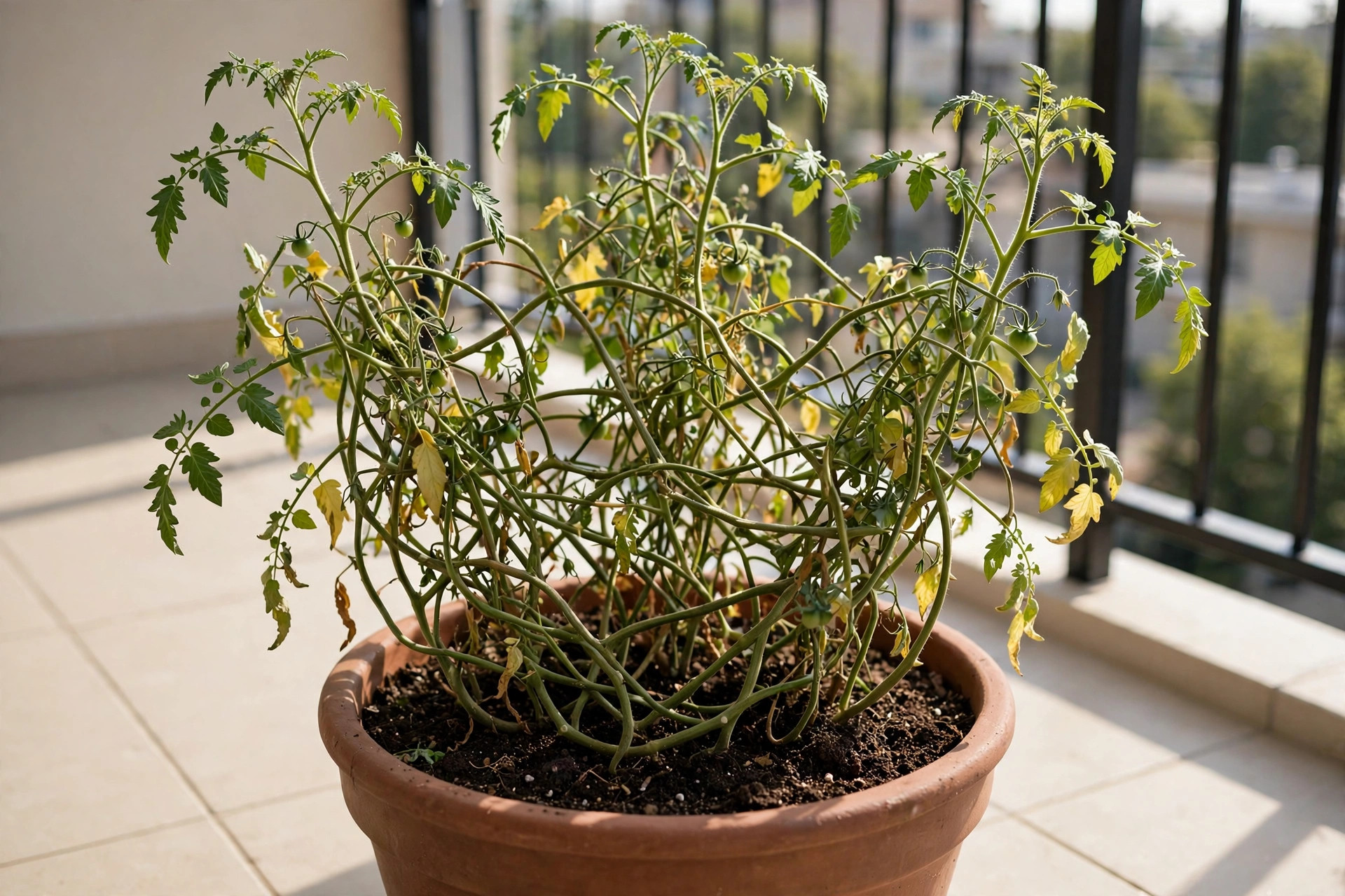 Several tomato plants crowded and tangled together in one terracotta pot on a balcony, with some yellowing leaves