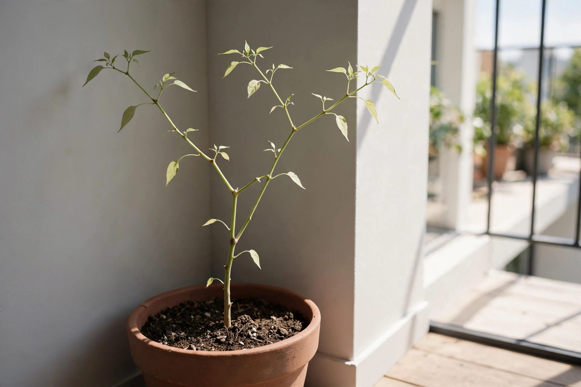 A pale, leggy pepper plant with few leaves growing in a terracotta pot in a shaded balcony corner, with a sunny balcony beside it