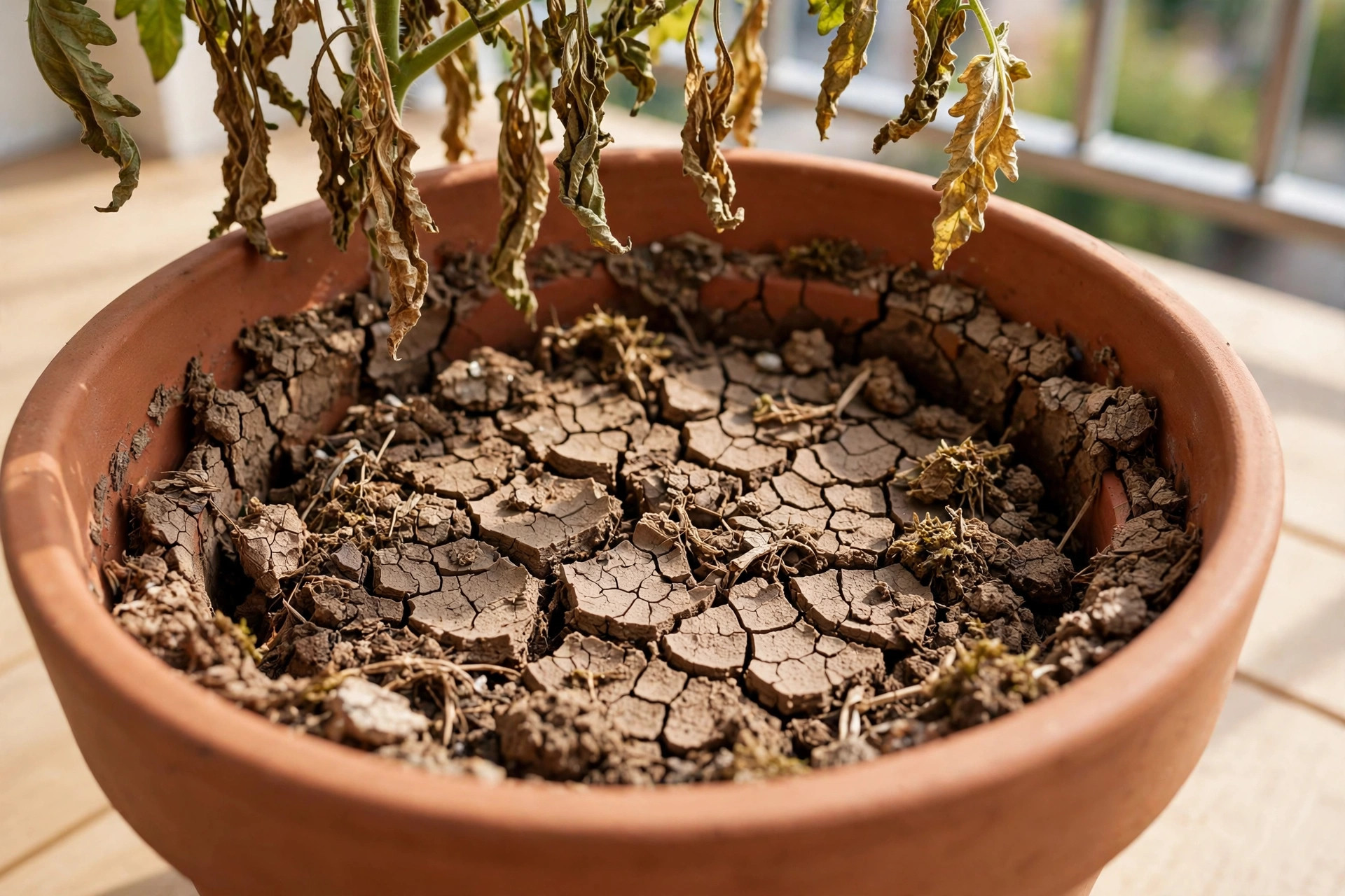 Bone dry, cracked potting mix on the surface of a terracotta pot, with dried wilted leaves hanging above it
