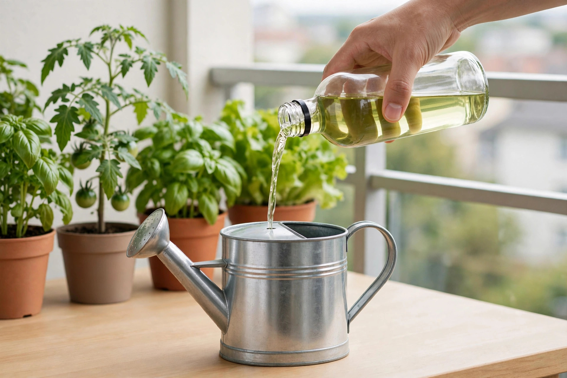 A hand pouring liquid feed from a plain glass bottle into a metal watering can, with potted tomato, basil and lettuce plants behind