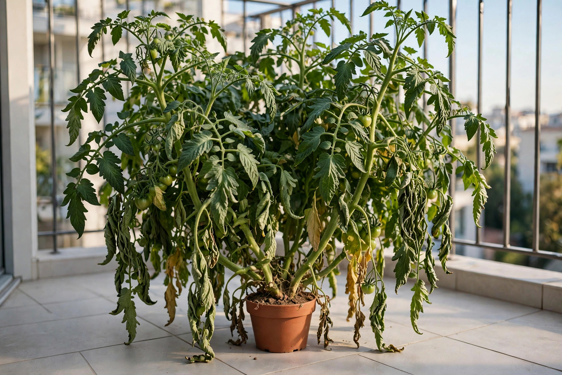 A large tomato plant with wilting lower leaves growing out of a very small terracotta pot on a sunny balcony