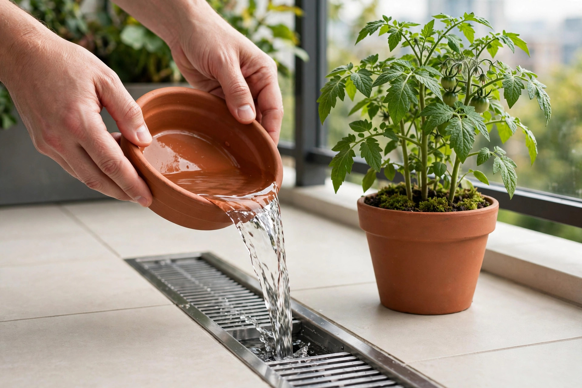Hands tipping standing water out of a terracotta saucer into a balcony floor drain, beside a healthy potted tomato plant