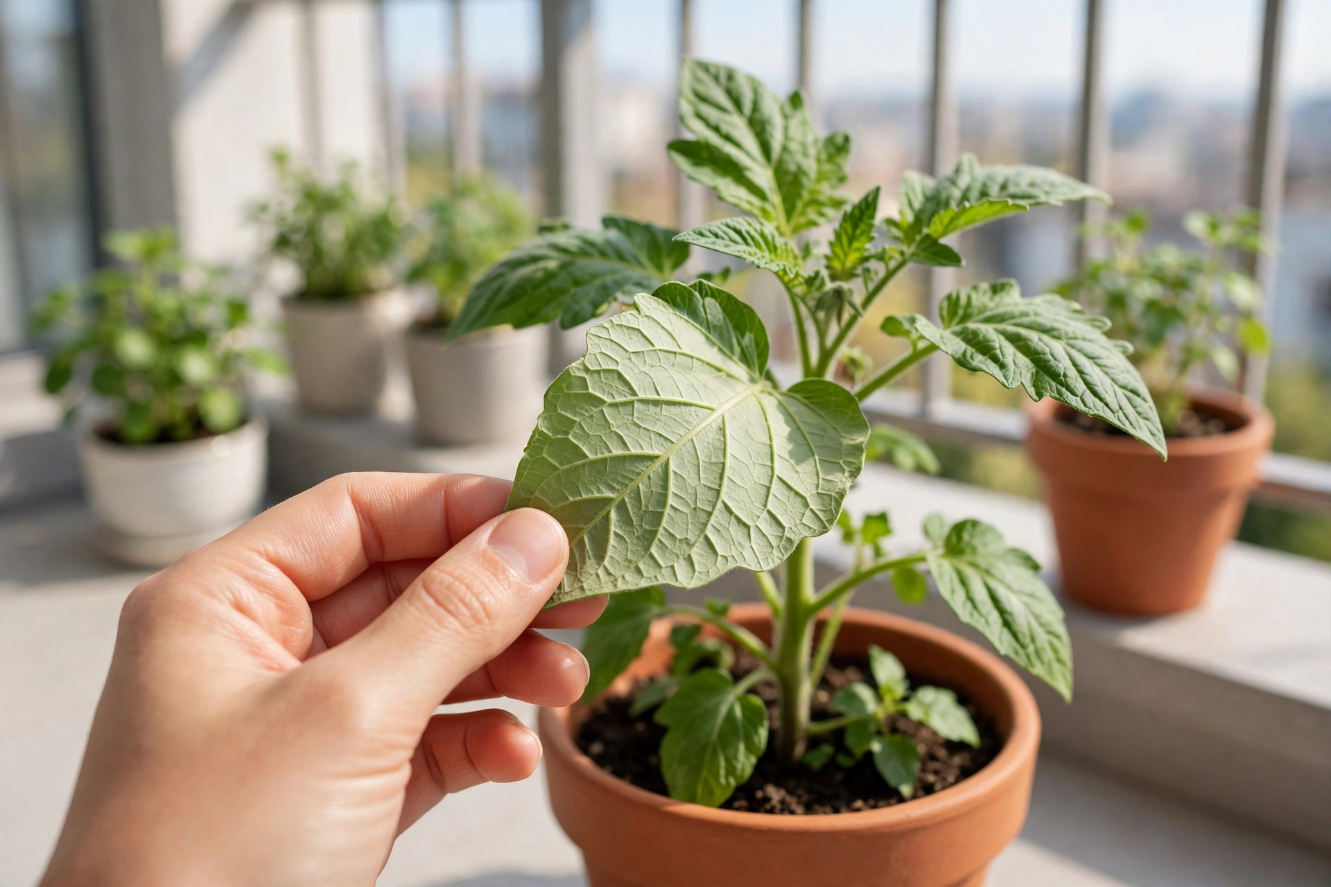 A hand holding up the pale underside of a tomato leaf for a check, on a potted plant on a sunny balcony