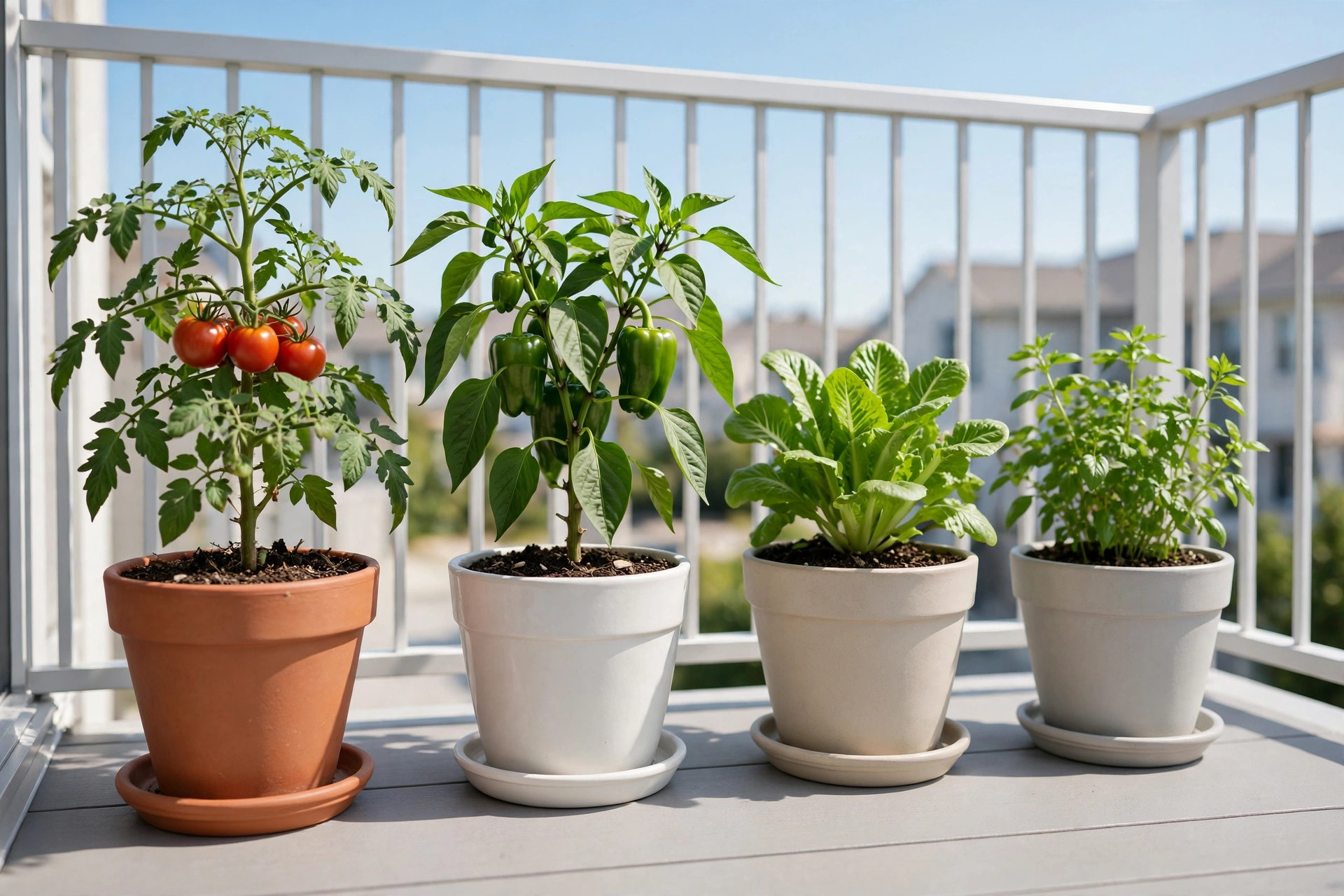 A row of healthy, well spaced pots in full sun on a balcony: a tomato plant with red fruit, a pepper plant, leafy greens and herbs, each on a saucer