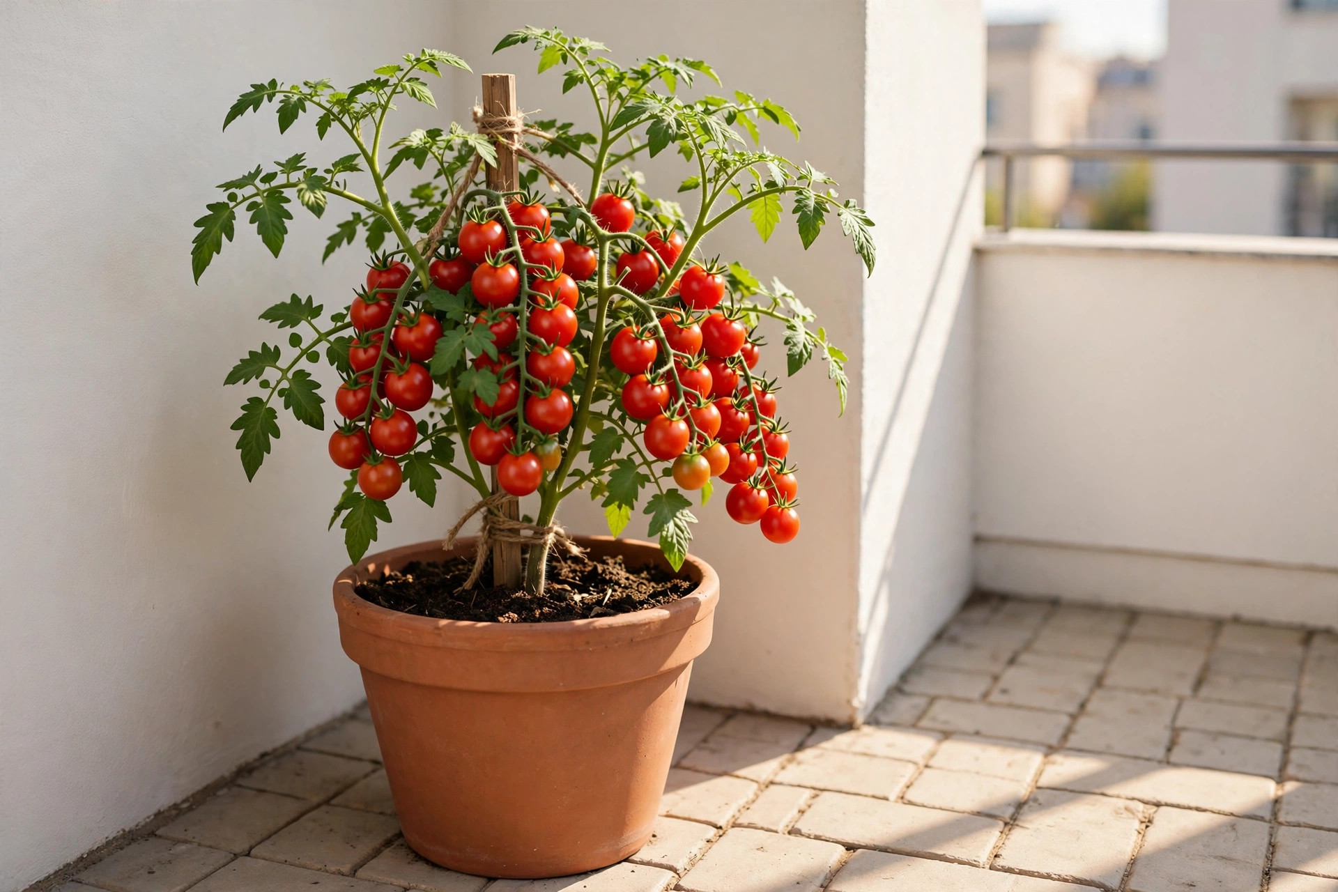 Cherry tomato plant covered in ripe red tomatoes in a large terracotta pot tied to a wooden stake in a sunny patio corner