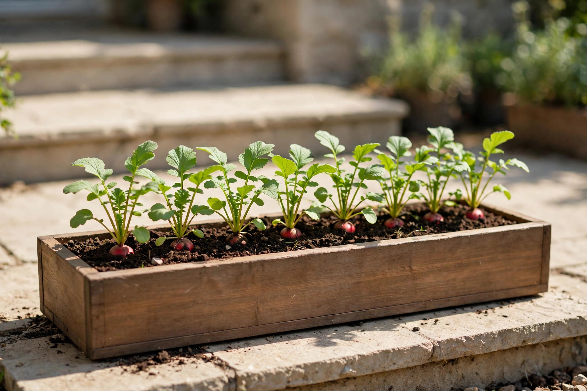 A neat row of radish plants with red roots showing at the soil line in a wooden window box on a sunny step