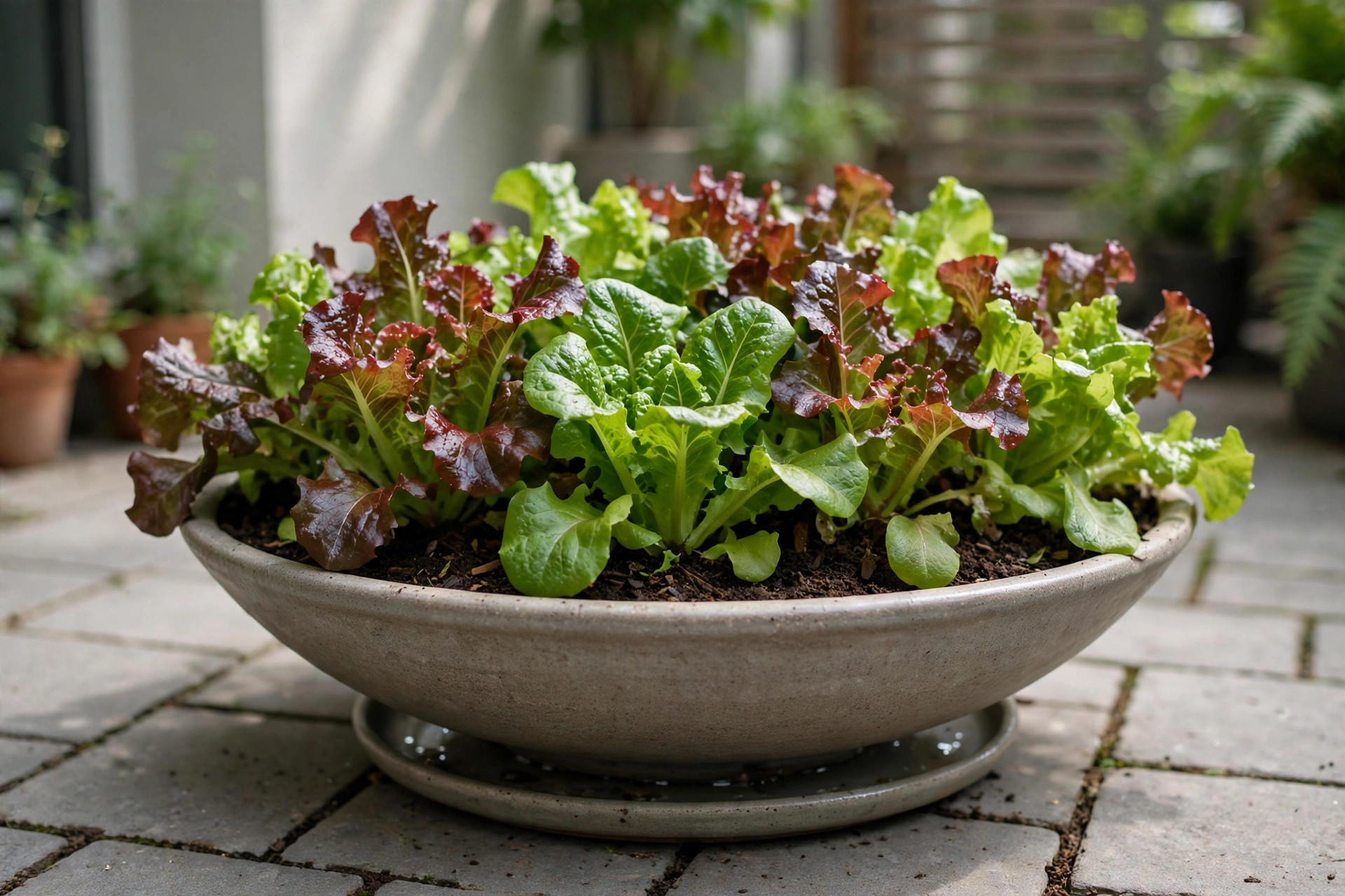 A wide shallow bowl planter full of green and red loose-leaf lettuce on a saucer on a paved patio