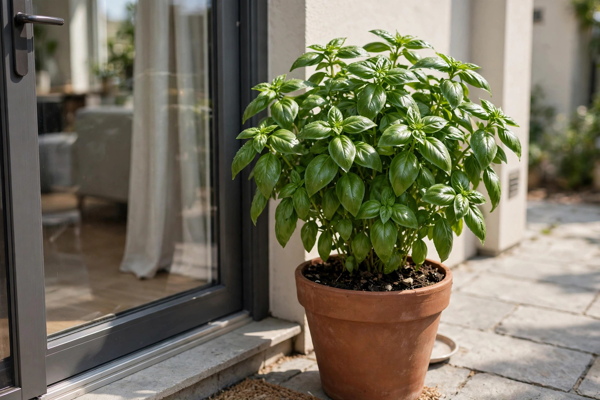 A bushy basil plant in a terracotta pot beside a glass patio door in bright sunlight