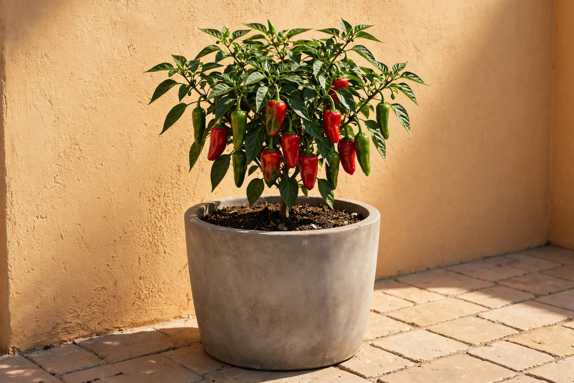 A compact pepper plant with red and green peppers in a large grey pot against a warm sunlit wall