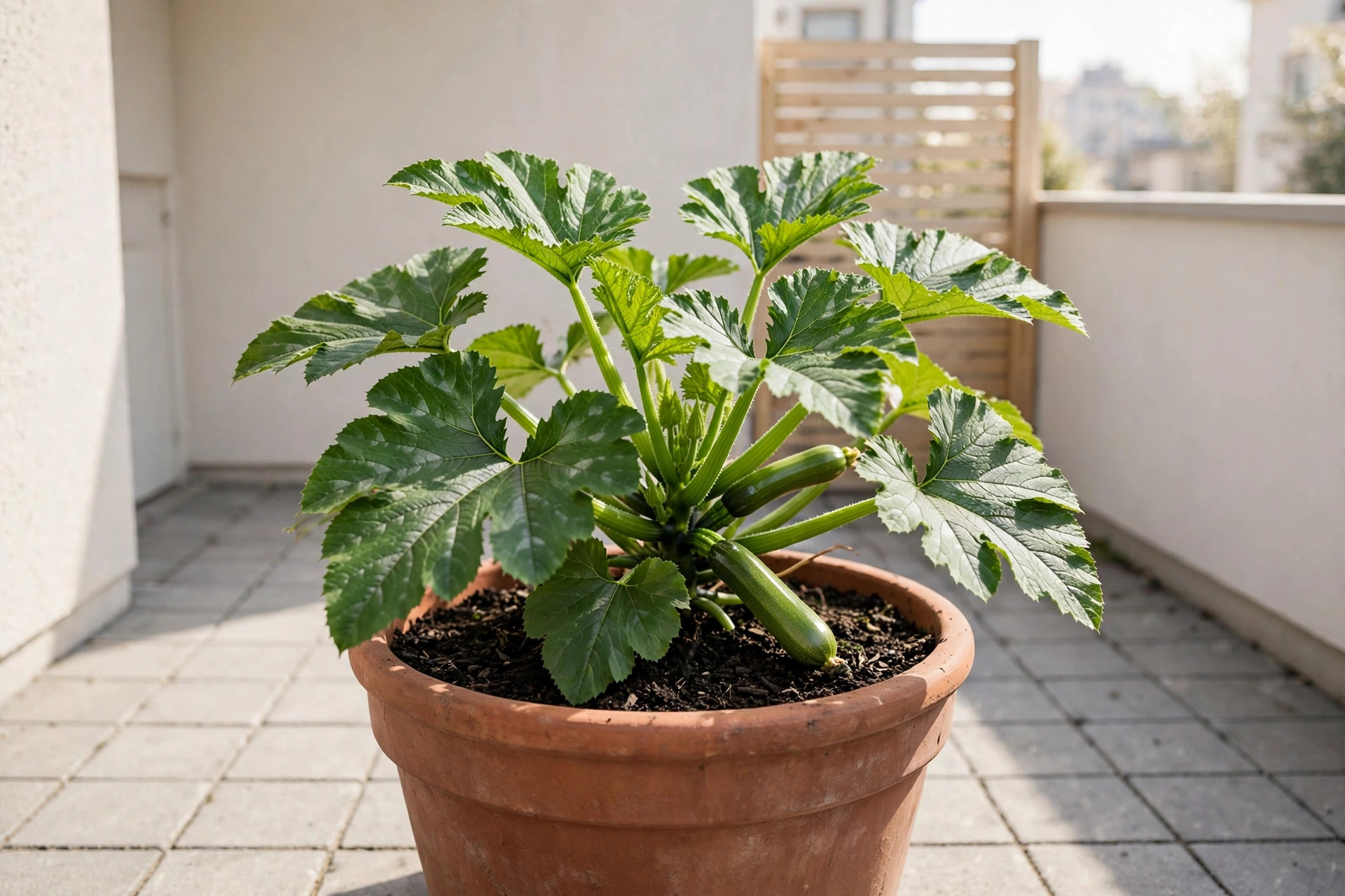 A compact zucchini plant with two small green zucchini in a very large terracotta pot in the middle of a small patio