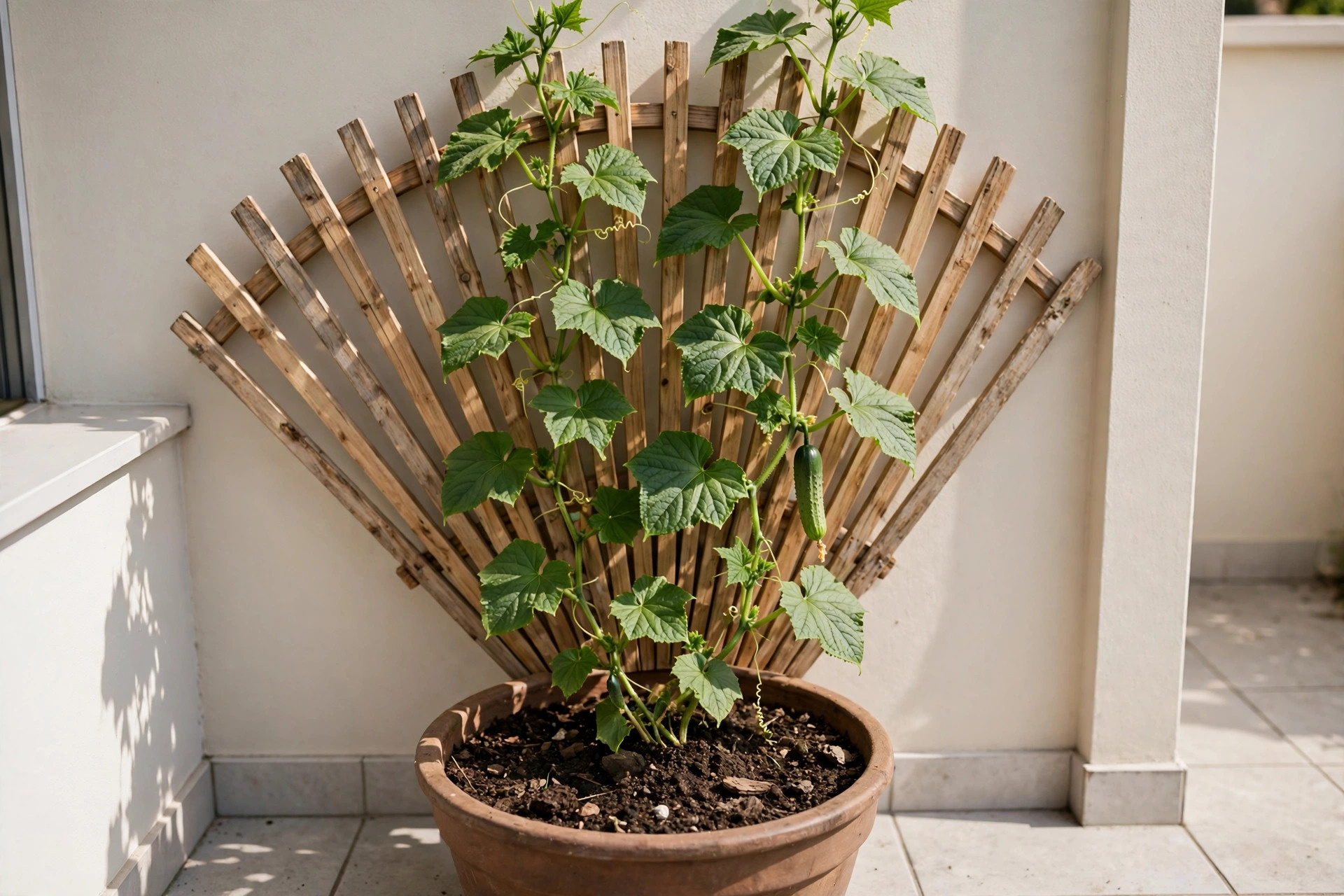A cucumber vine with one small cucumber climbing a wooden fan trellis from a large pot against a patio wall