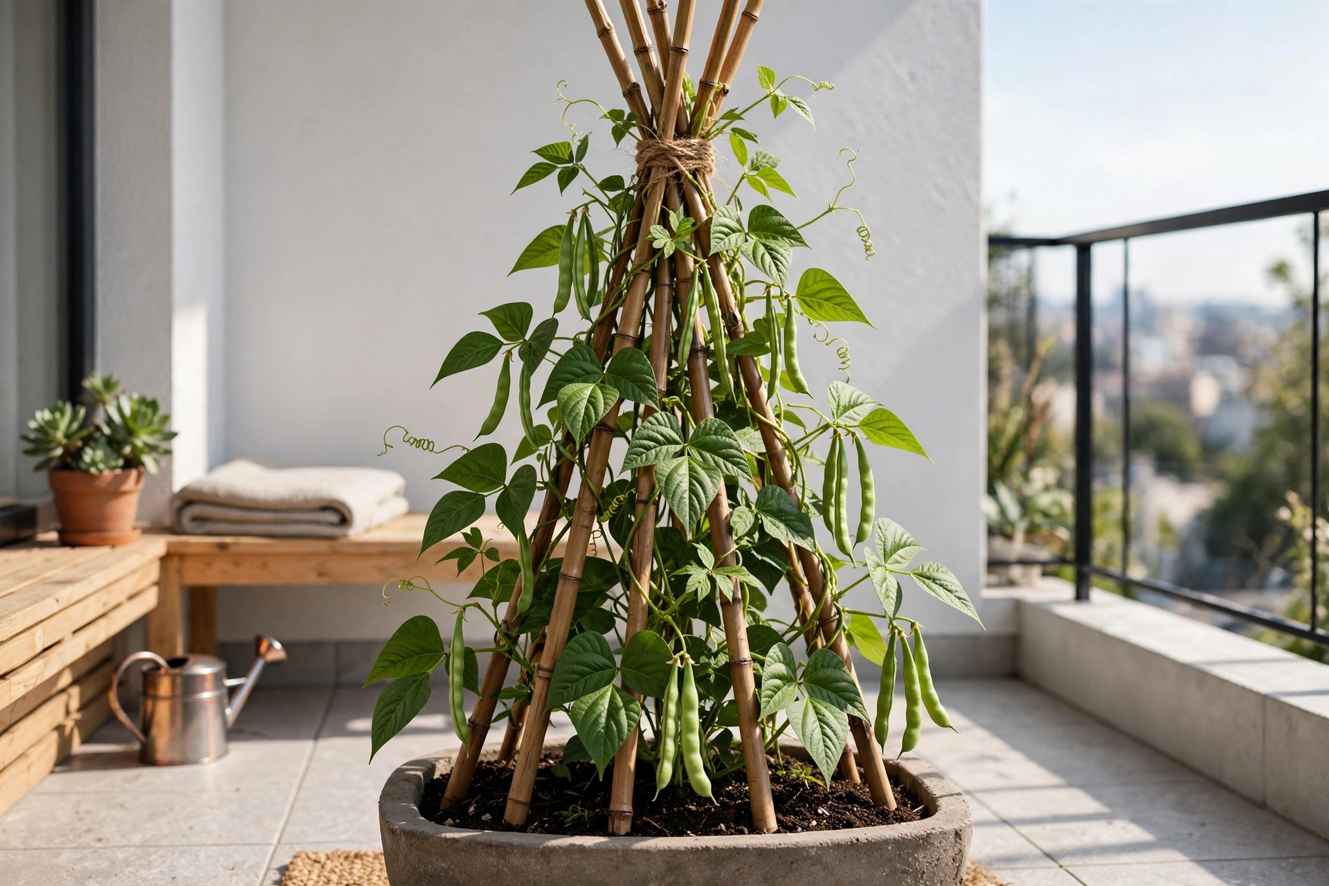 Pole bean vines with hanging green pods climbing a bamboo cane teepee in a wide pot on a balcony