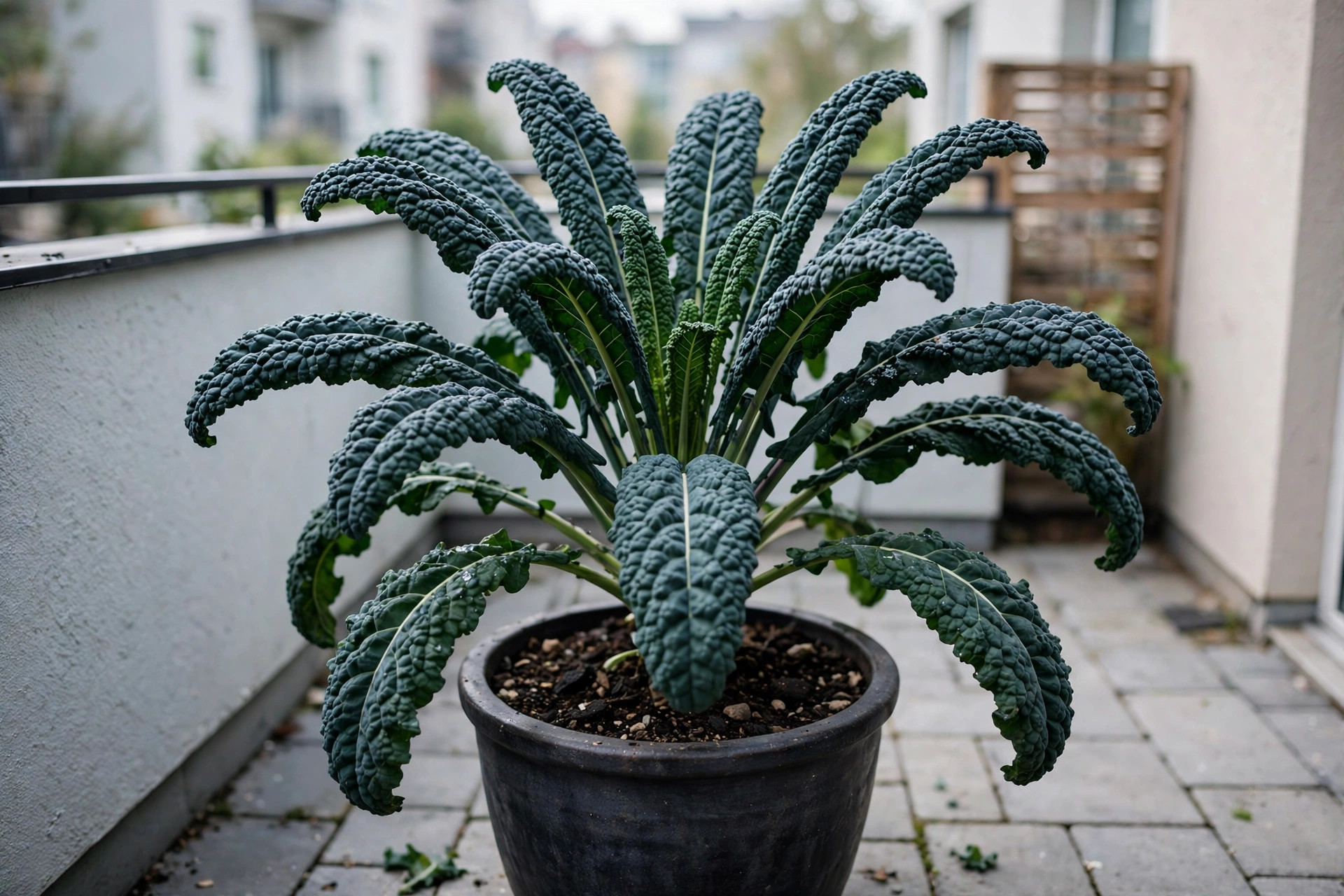 A single large Lacinato kale plant with dark crinkled leaves in a deep black pot on a balcony