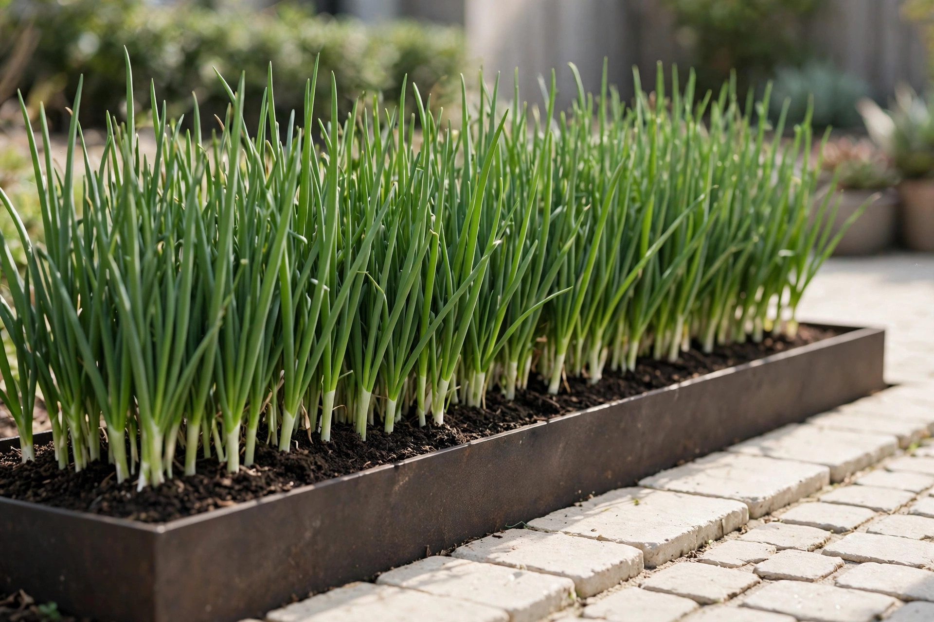 A dense row of green scallions growing close together in a long slim metal trough along a paved patio edge