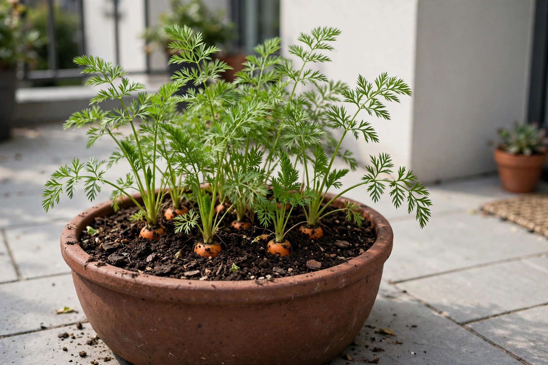 Small round orange carrots with feathery green tops growing in a large terracotta pot on a patio