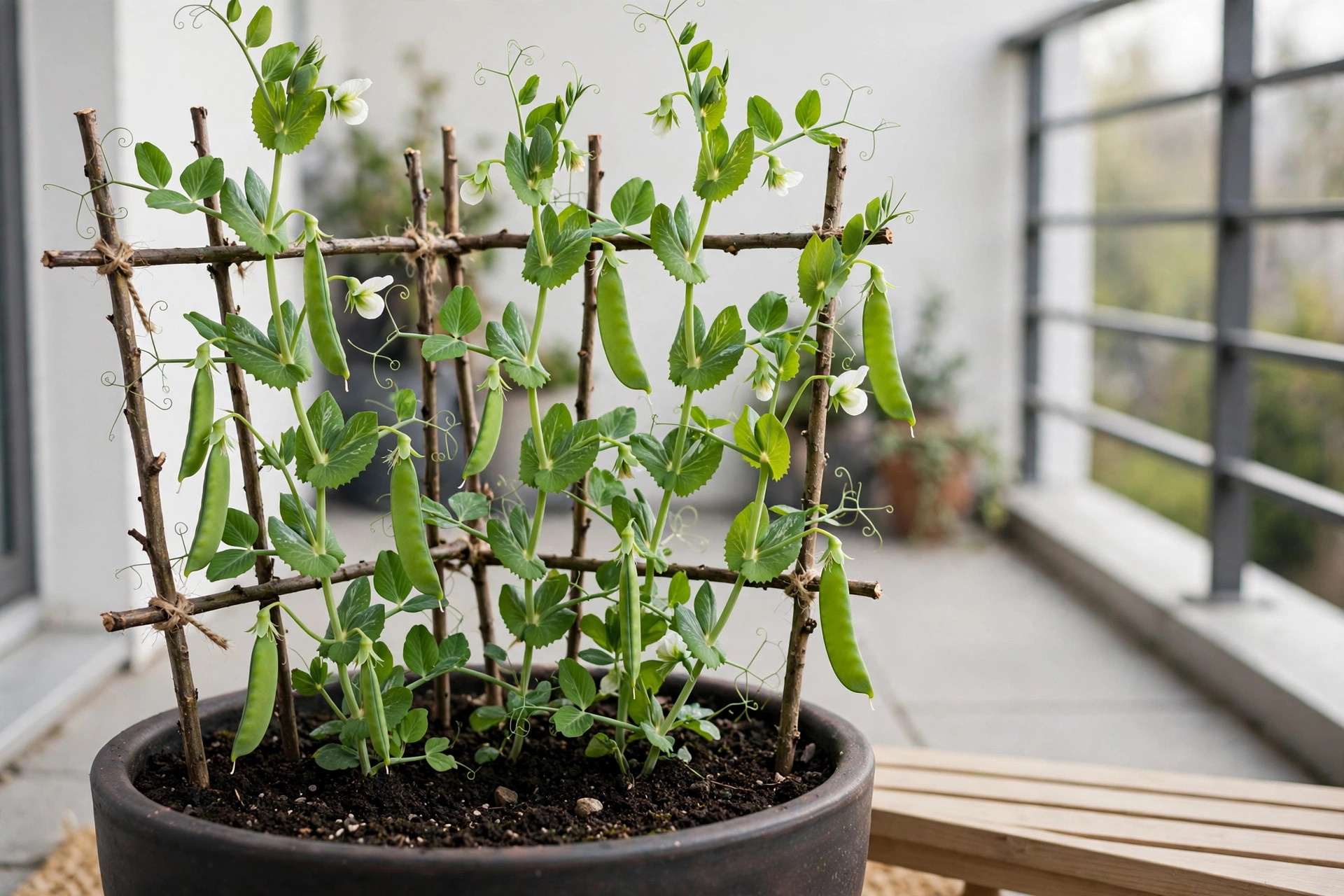 Sugar snap pea vines with green pods and white flowers climbing a short fence of twiggy sticks in a dark pot on a balcony