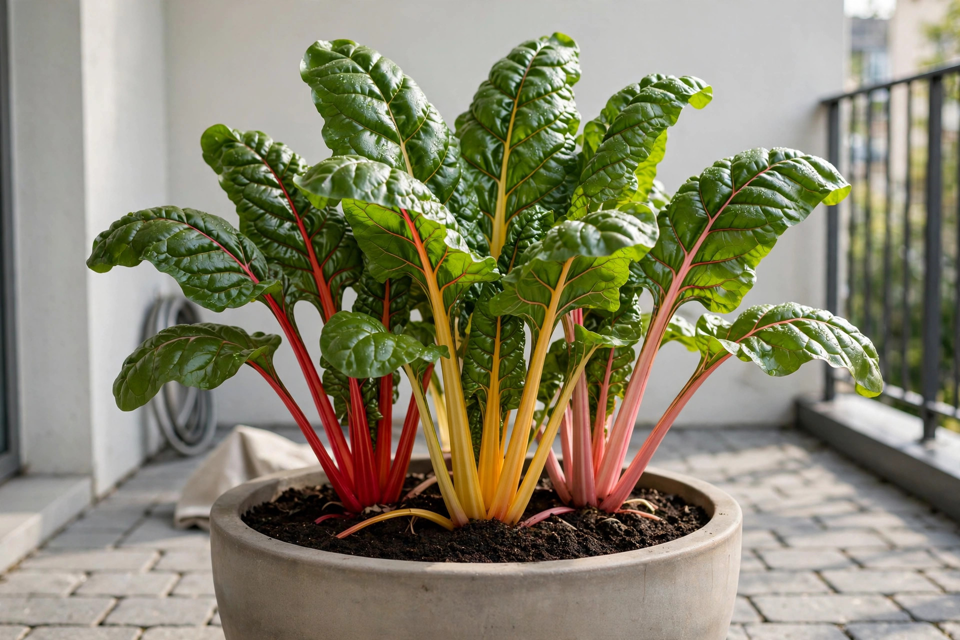 A Swiss chard plant with glossy green leaves and red, gold and pink stems in a wide grey pot on a patio
