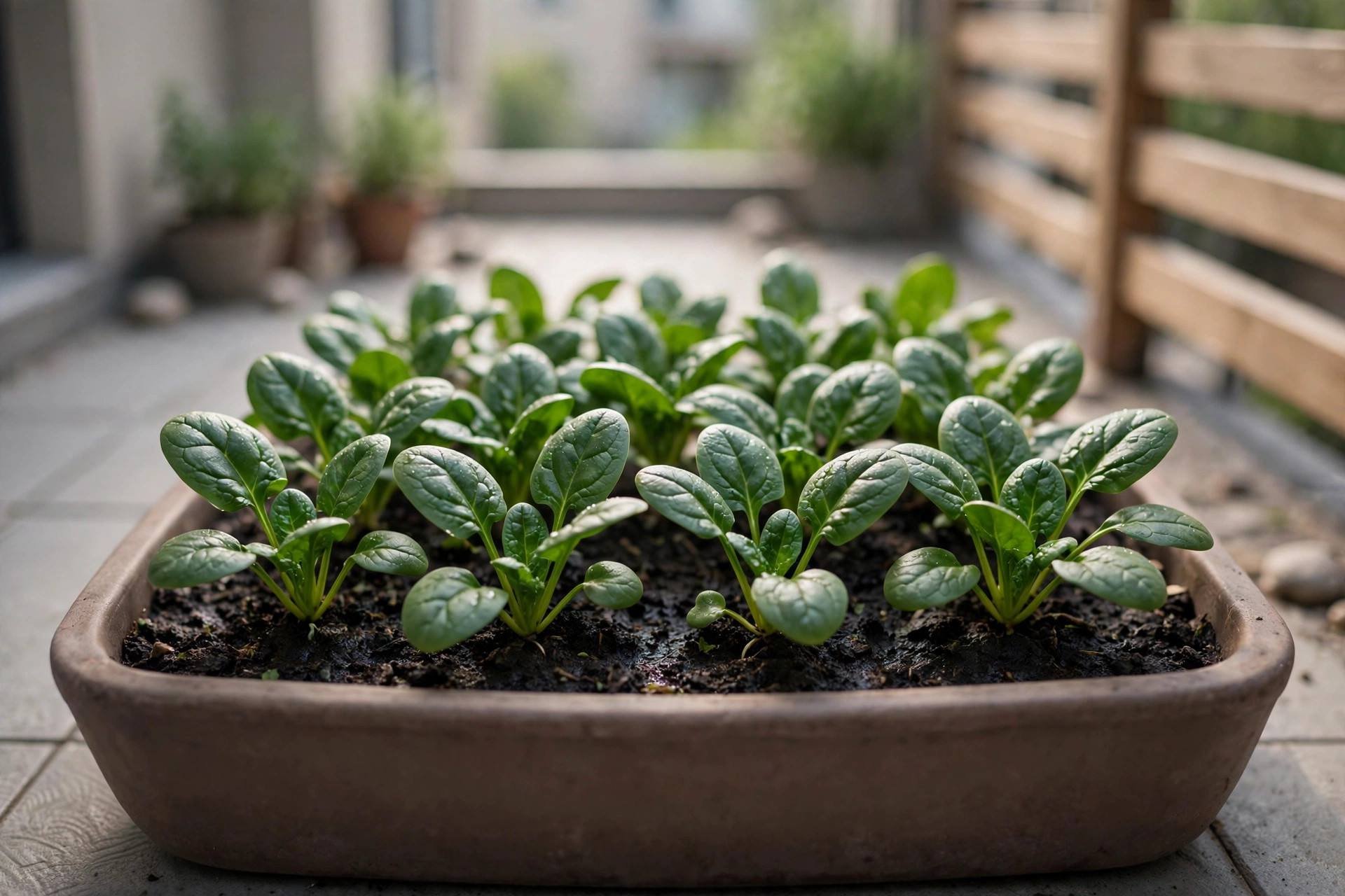 Short rows of young spinach plants with deep green leaves in a wide shallow terracotta tray on a patio