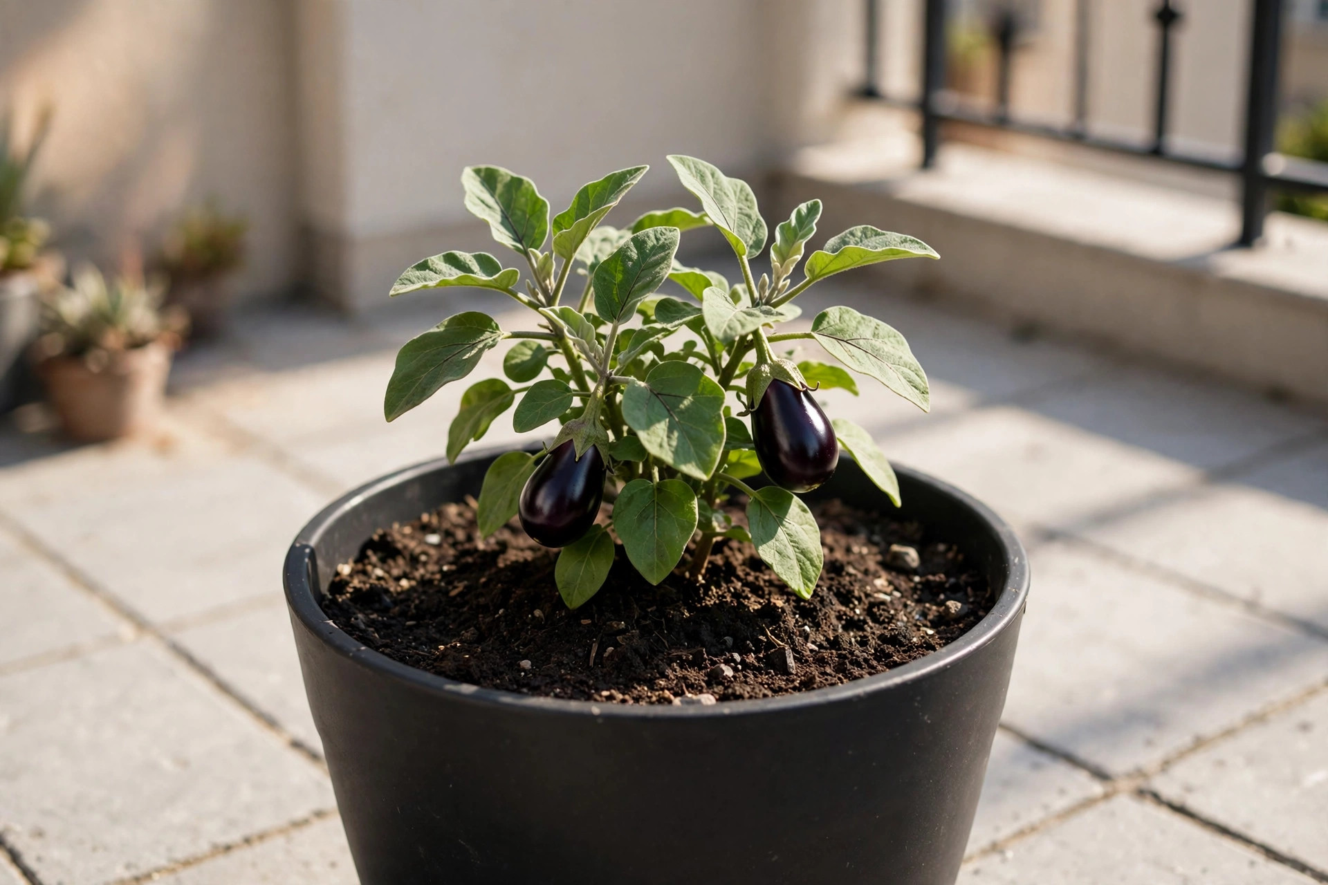 A compact eggplant plant with two glossy dark purple eggplants in a large black pot on a sunny tiled patio