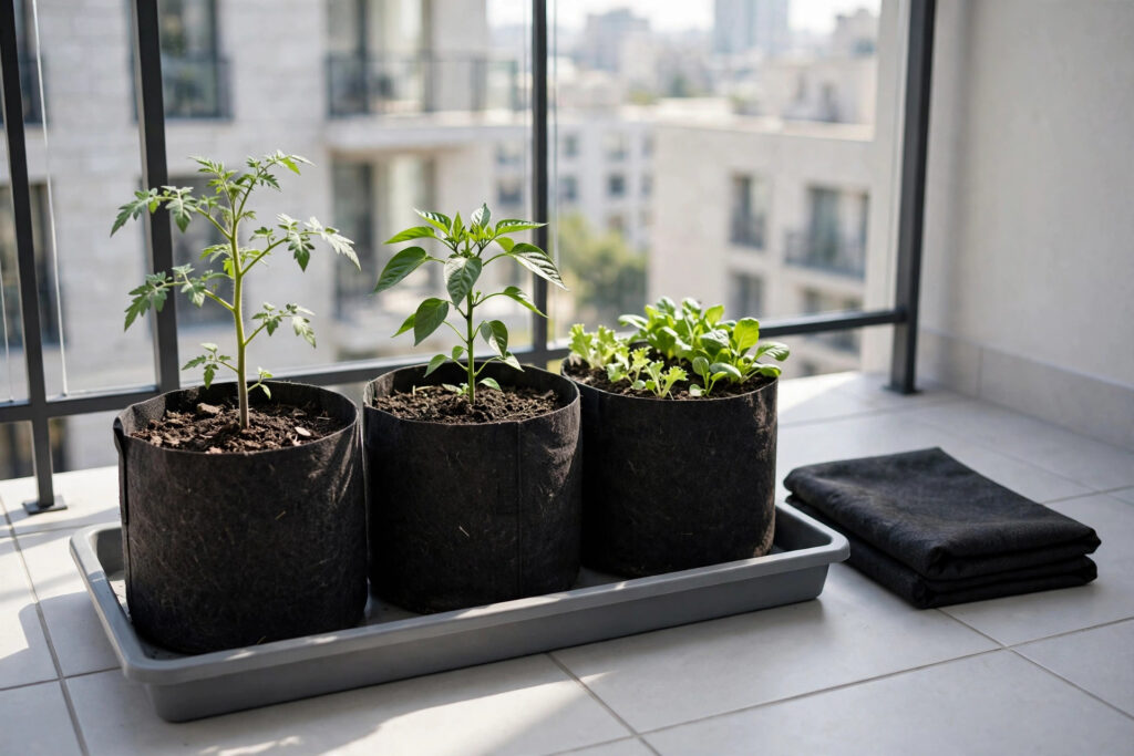Three black fabric grow bags on a shallow grey tray holding a young tomato plant, a pepper plant and salad seedlings, with a folded spare grow bag beside them