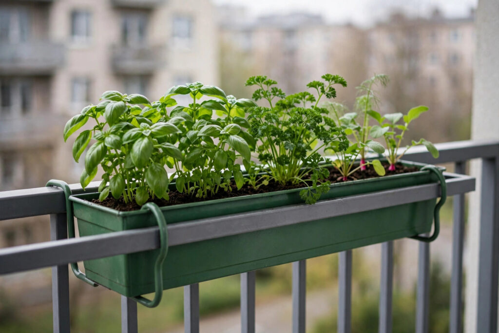 Green metal railing planter hooked over a balcony rail, growing basil, parsley and small radishes