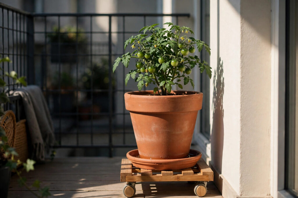 Dwarf tomato plant with green tomatoes in a large terracotta pot on a saucer and a wooden wheeled caddy in a sunny balcony corner