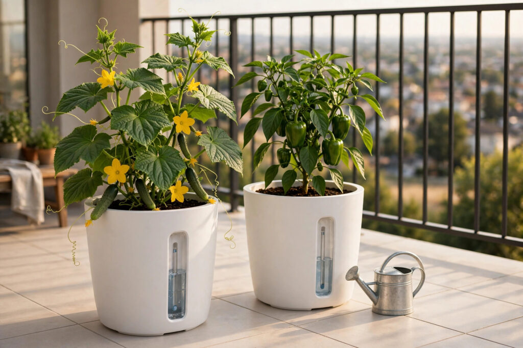 Two white self-watering pots with water level gauges, one growing a cucumber plant with yellow flowers and one a pepper plant, with a small watering can beside them