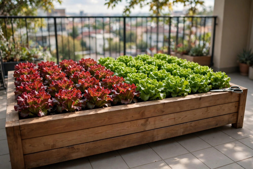 Wide shallow wooden planter box with neat rows of red and green lettuce and kitchen scissors resting on the edge