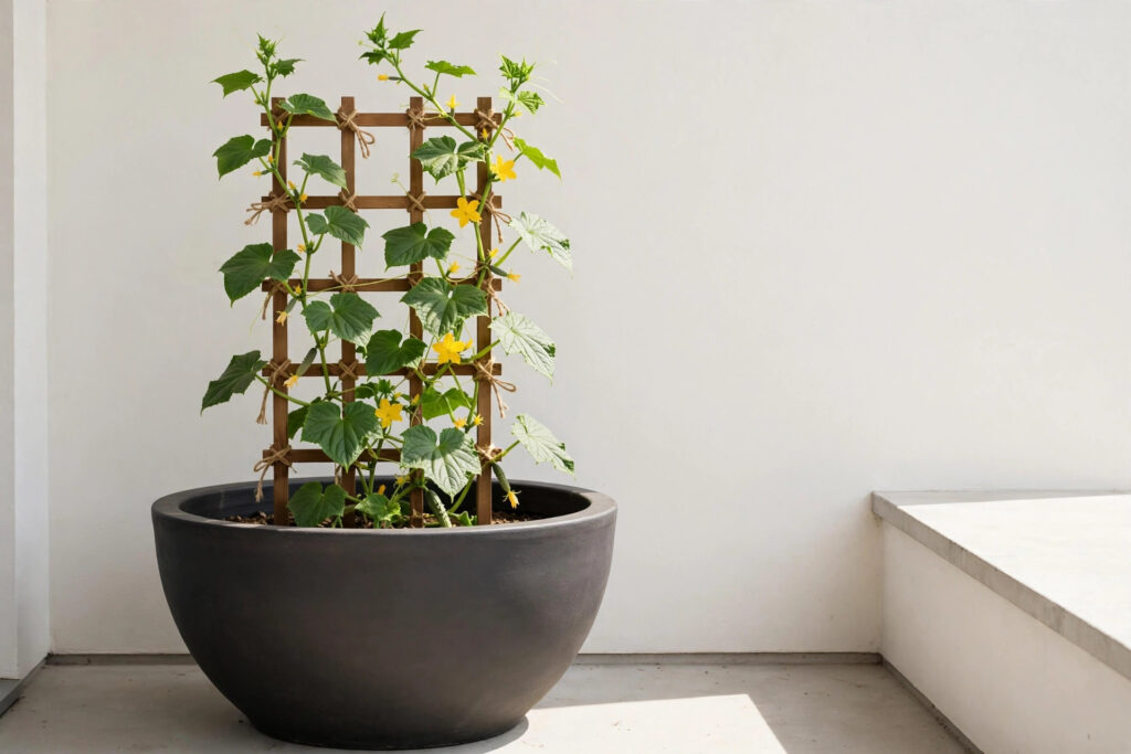 Cucumber plant with yellow flowers climbing a wooden trellis standing inside a large dark round pot against a plain wall