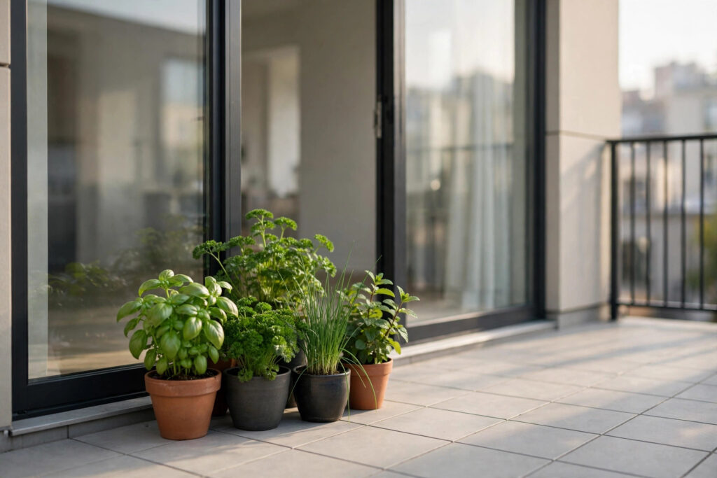 Small pots of basil, parsley, chives and mint grouped beside a glass balcony door in morning light