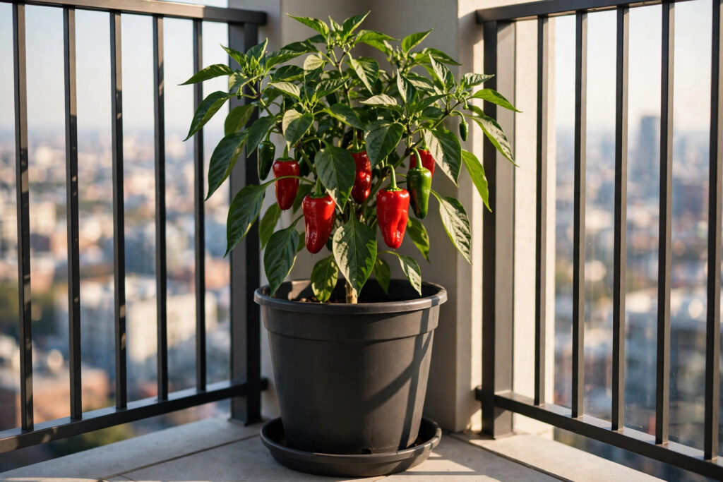 Single pepper plant with red and green peppers in a large black pot on a saucer by a sunny high-rise balcony railing