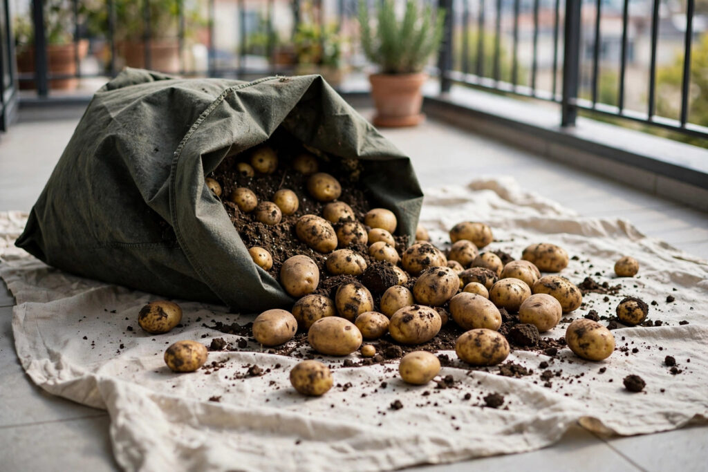 Fabric grow bag tipped onto an old sheet on a balcony, with freshly harvested potatoes spilled out across the sheet