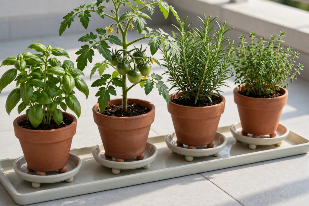 Terracotta pots of basil, tomato, rosemary and thyme raised on pot feet in saucers on a shallow tray over clean dry tiles