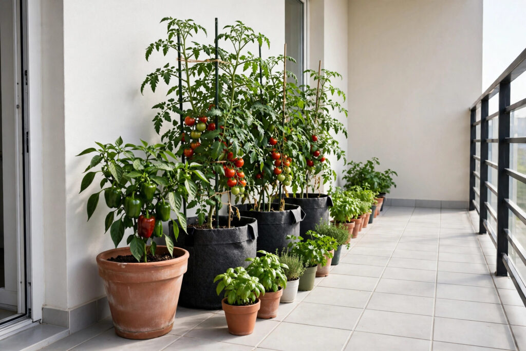 Row of large grow bags with tomato plants and a big terracotta pepper pot along the wall of a long balcony, with small herb pots in front