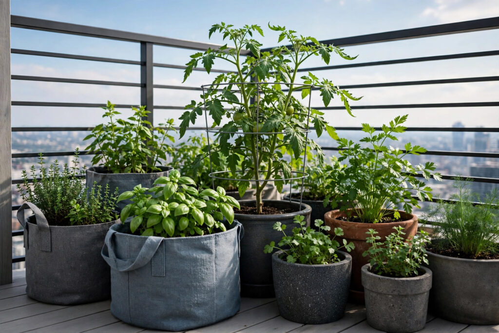 Group of low grow bags and pots sheltering each other on a high balcony, with a tomato plant in a wire cage in the middle